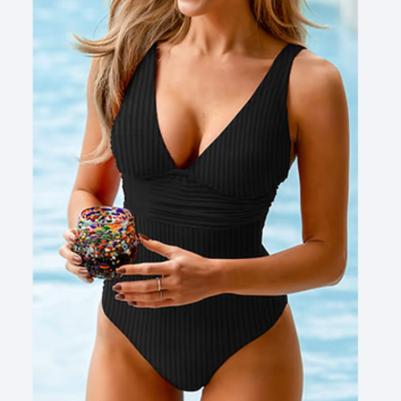 Cupshe Cupshe Black Ginger Ribbed & Ruched One-Piece