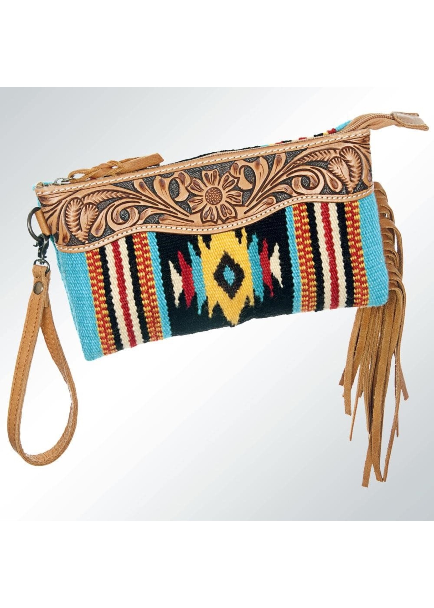 Aqua Blanket Leather Carved Wristlet