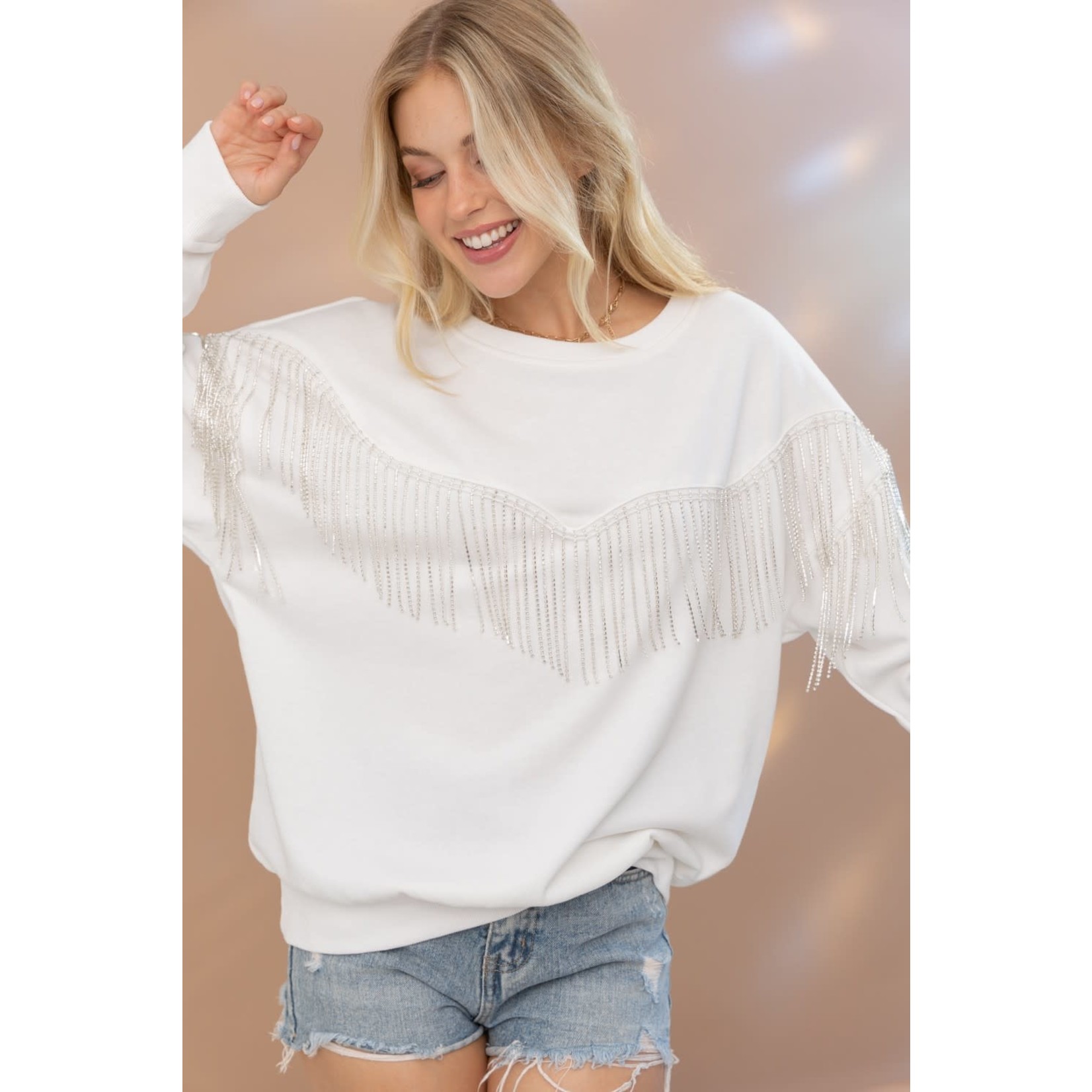 Over Sized Rhinestone Fringe Pullover