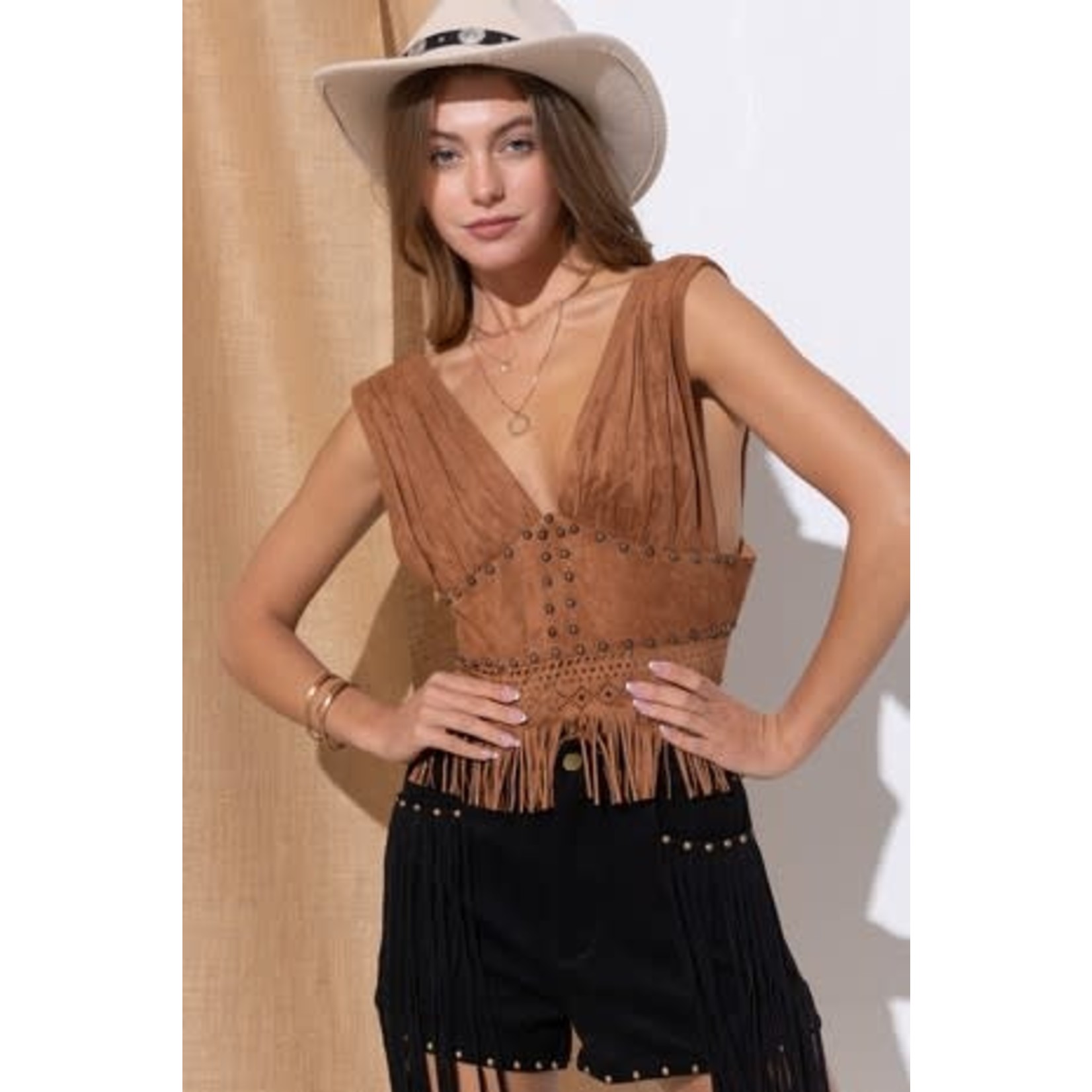 Suede Studded Deep V Crop Tank Top