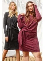 Long Sleeve Knit Fabric Crew Neckline Tie Knot Waist