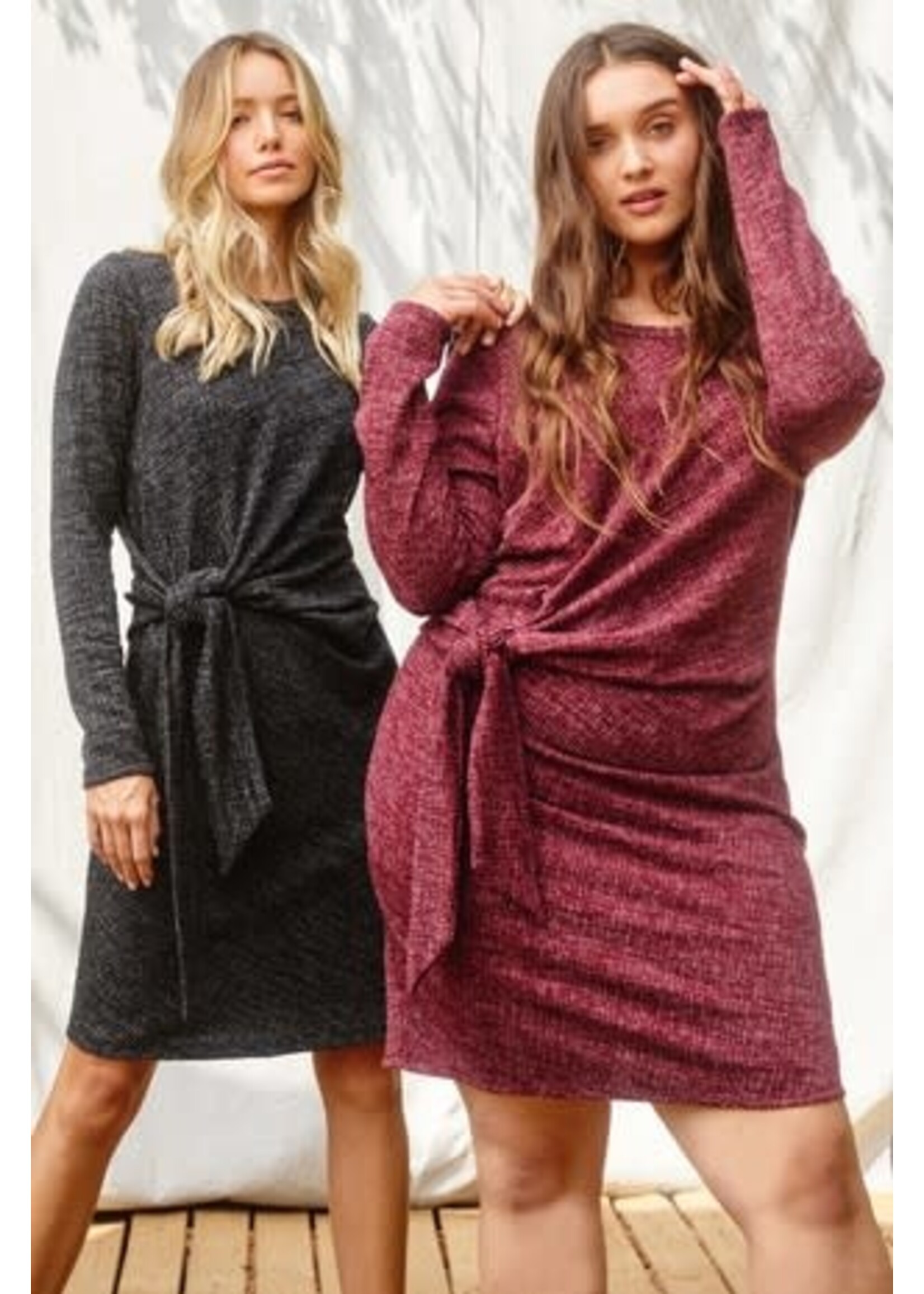 Long Sleeve Knit Fabric Crew Neckline Tie Knot Waist