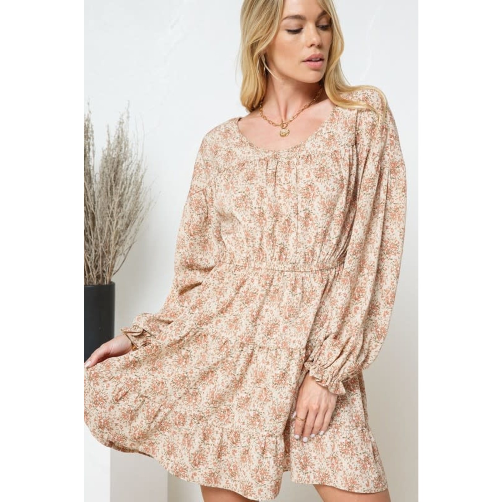 Floral Long Sleeve Mini Dress With Ruffled Cuffs