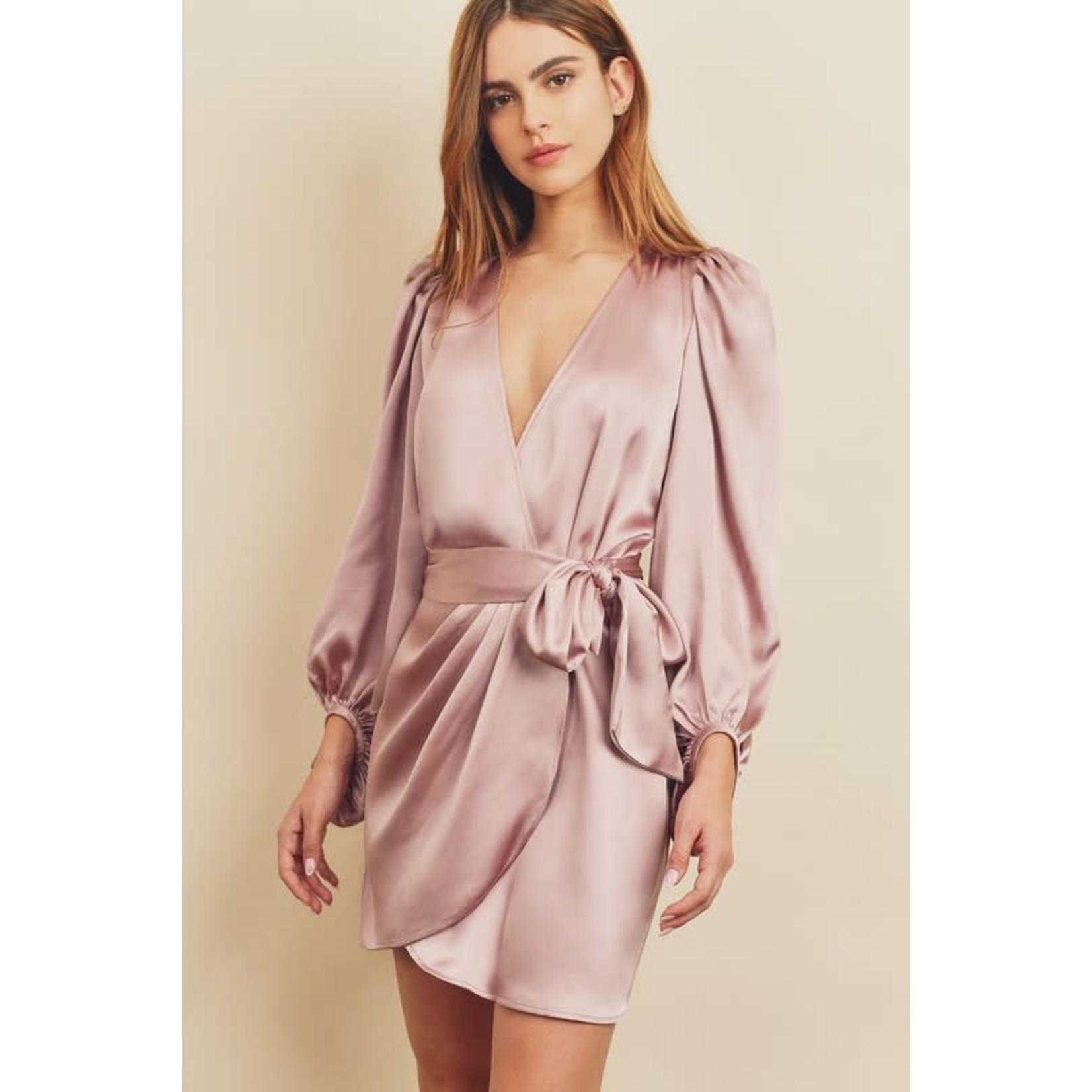 Long Sleeve Mini Satin Wrap Dress