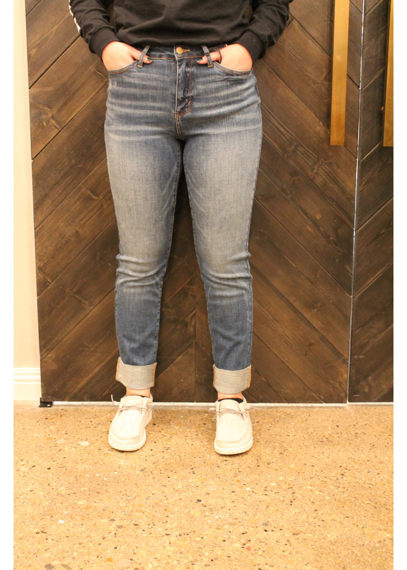 High-Waist Double Cuff Fray Jeans