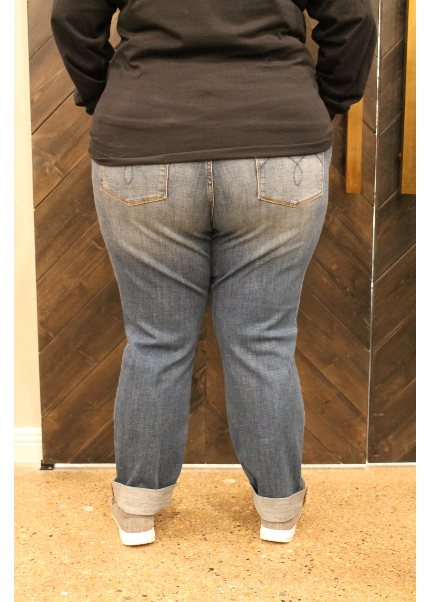 High-Waist Double Cuff Fray Jeans