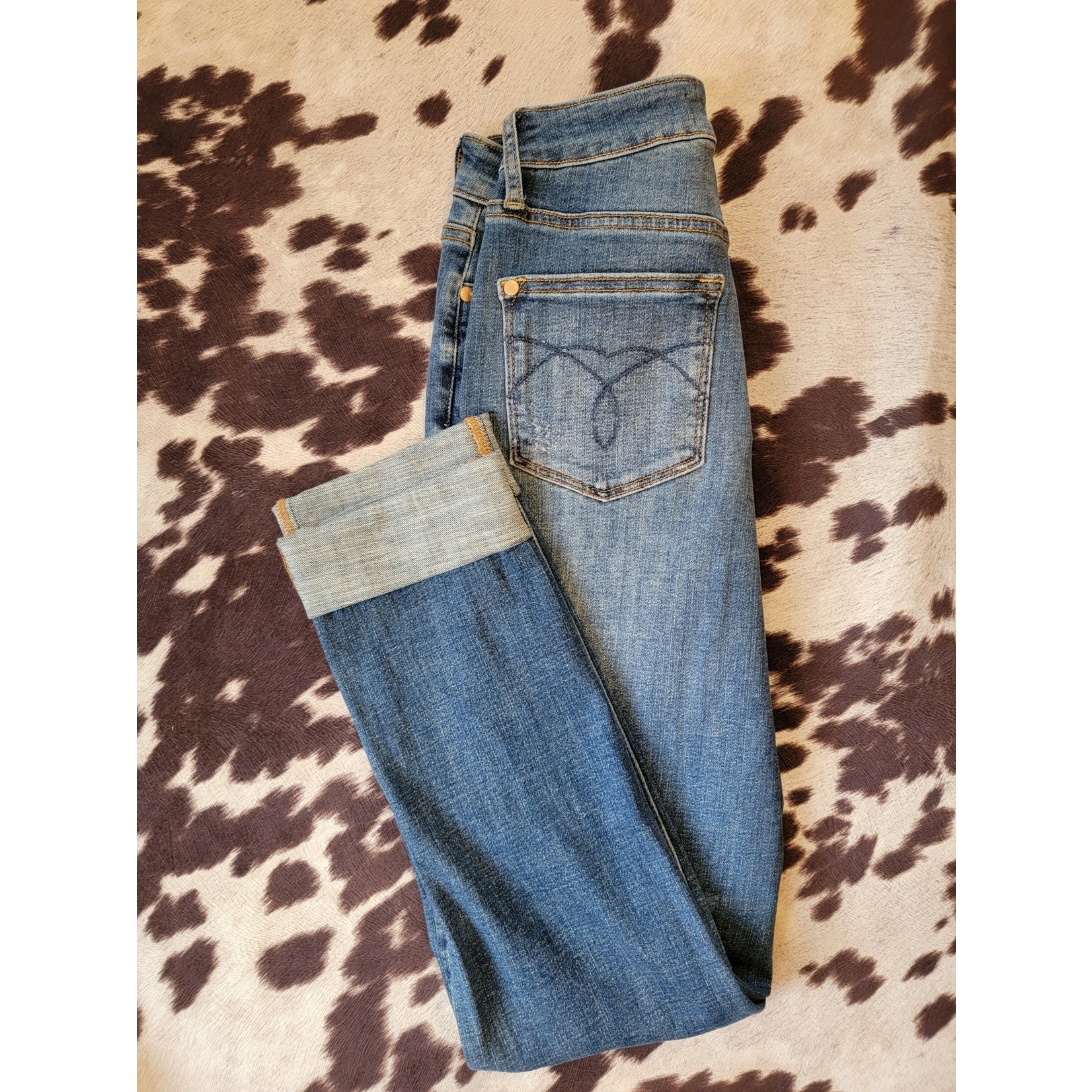 High-Waist Double Cuff Fray Jeans