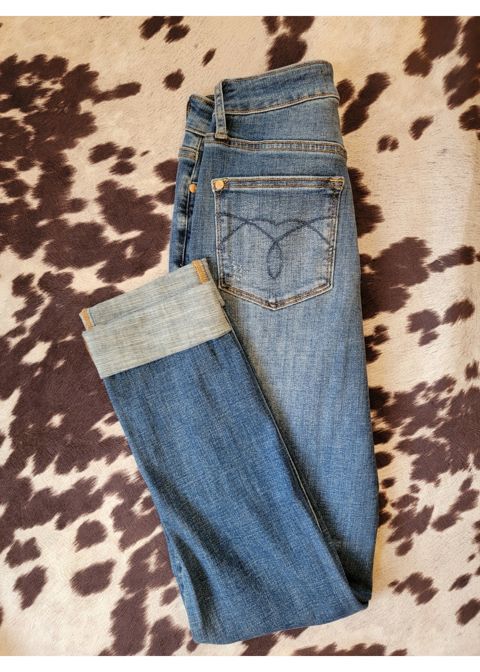 High-Waist Double Cuff Fray Jeans
