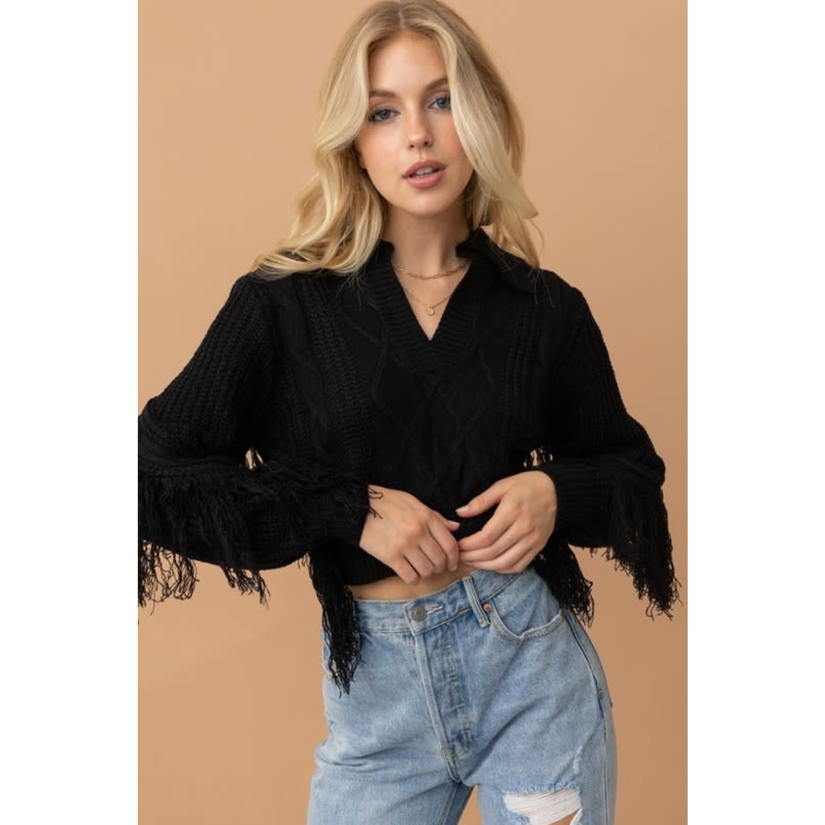 Crop Collared Fringe Sweater