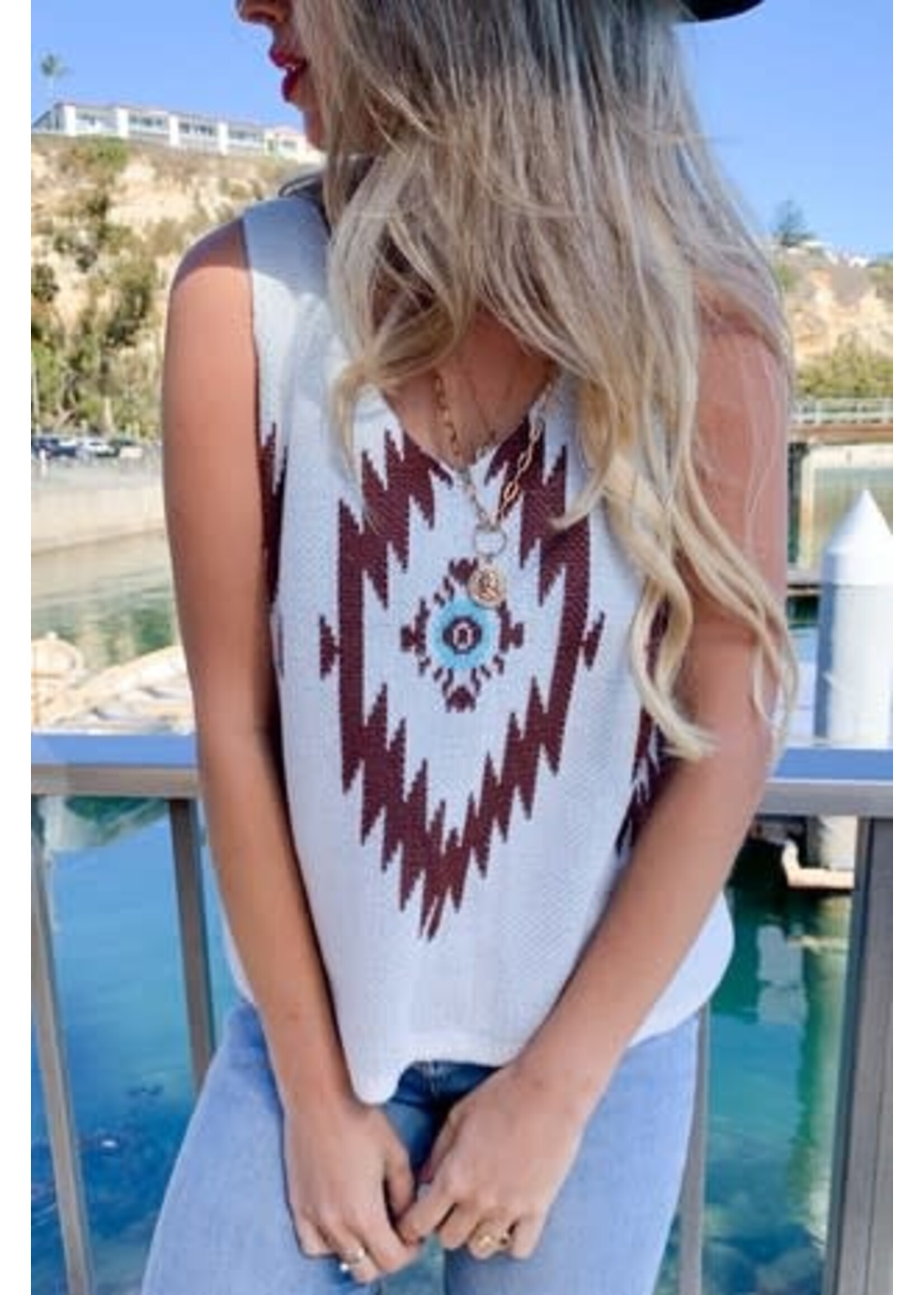 Oatmeal Aztec Printed Tank Top