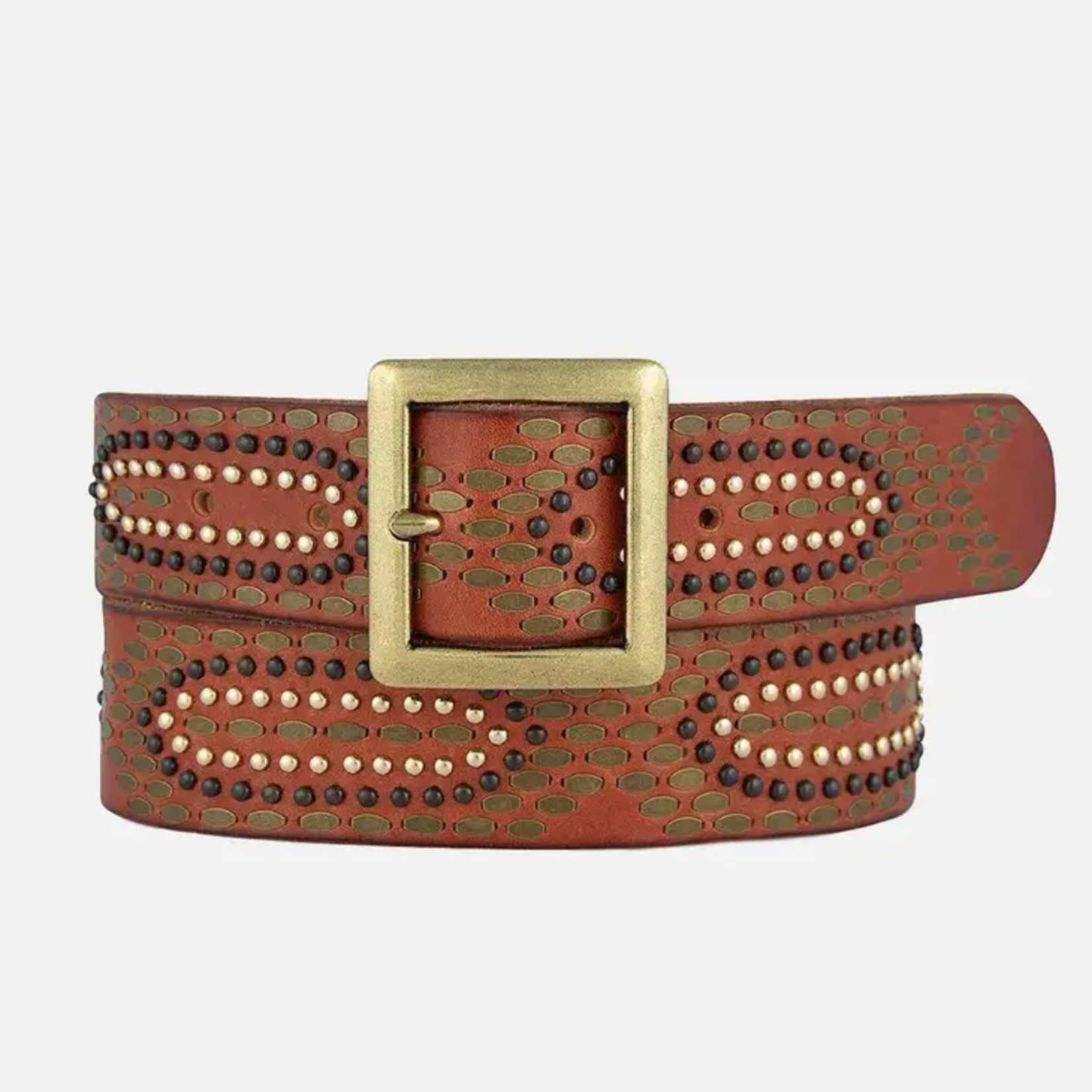 Studded Leather Belt With Square Buckle