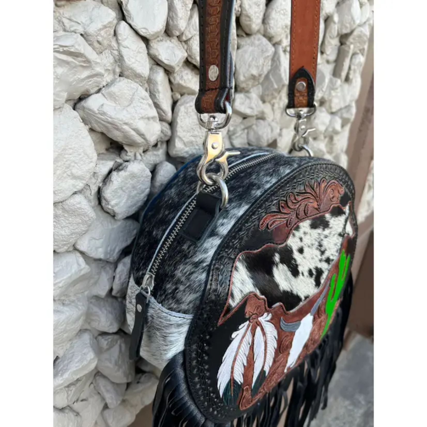 Tooled Cactus & Skull Cantin Cowhide Bag