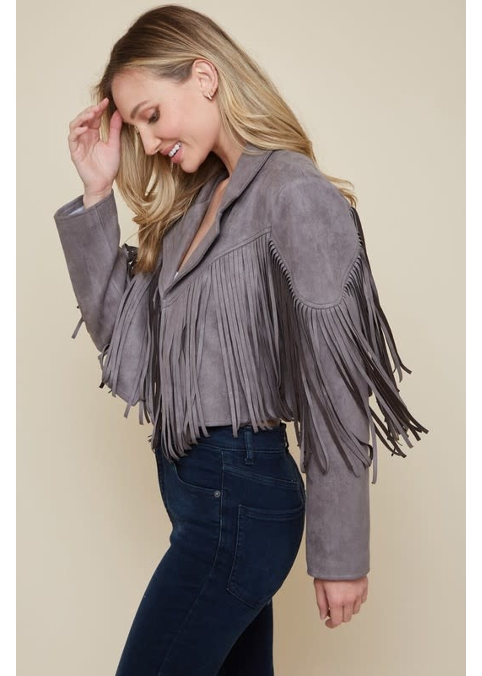 Suede Moto Jacket With Fringe Back Detail