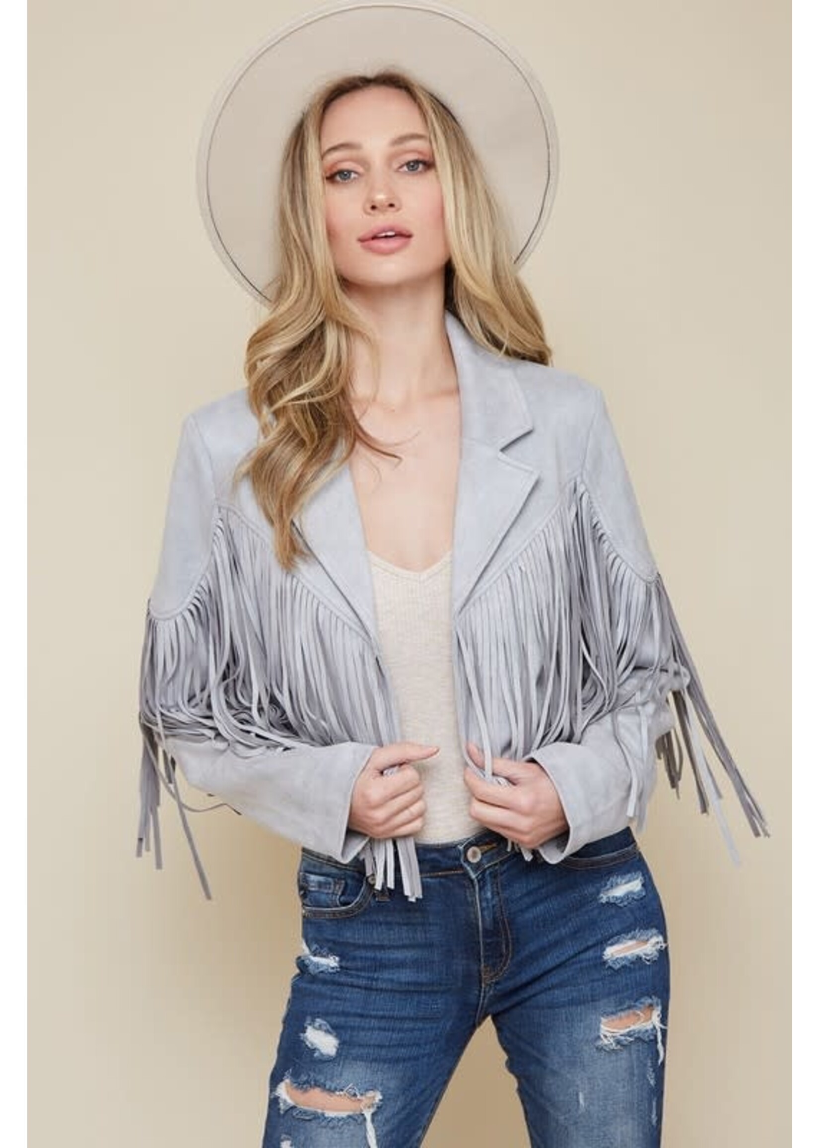 Suede Moto Jacket With Fringe Back Detail