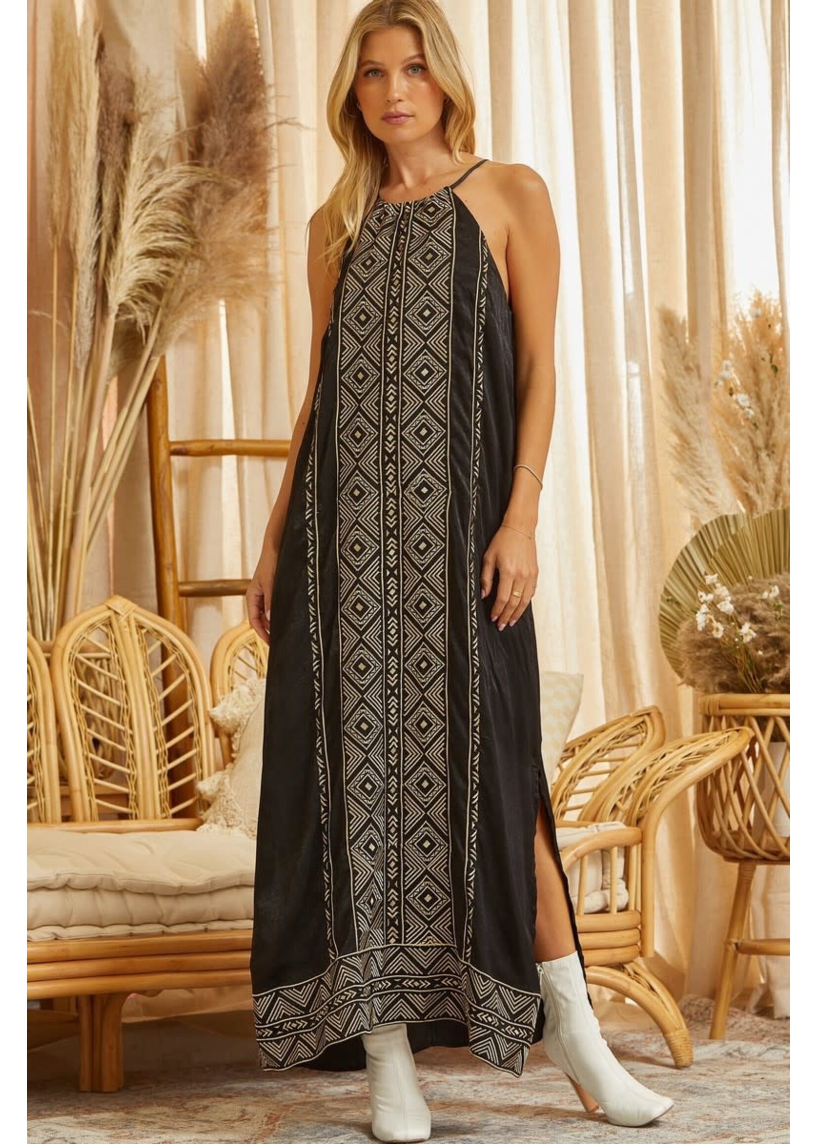 Gold Design Spaghetti Strap Dress With Slits