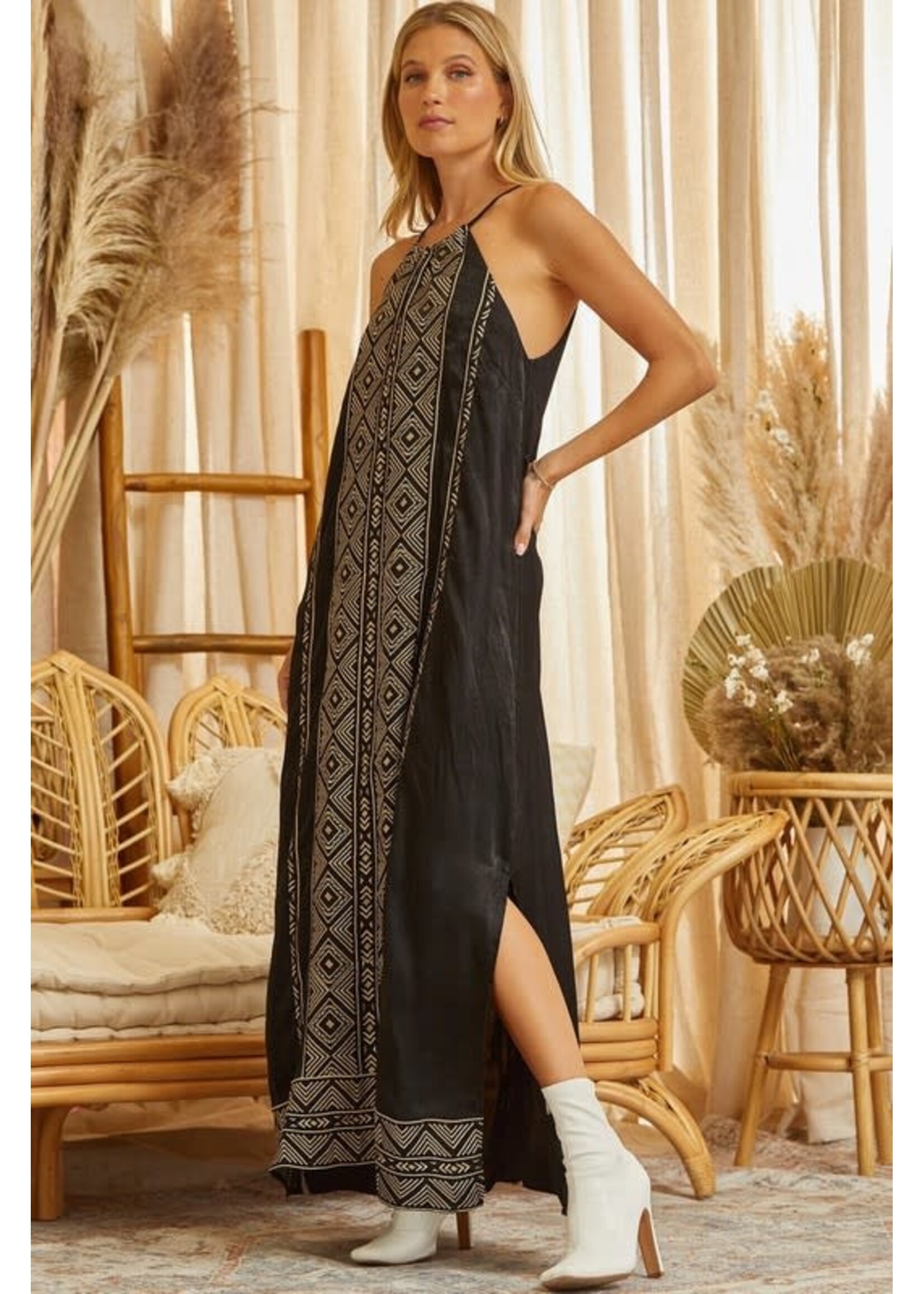 Gold Design Spaghetti Strap Dress With Slits
