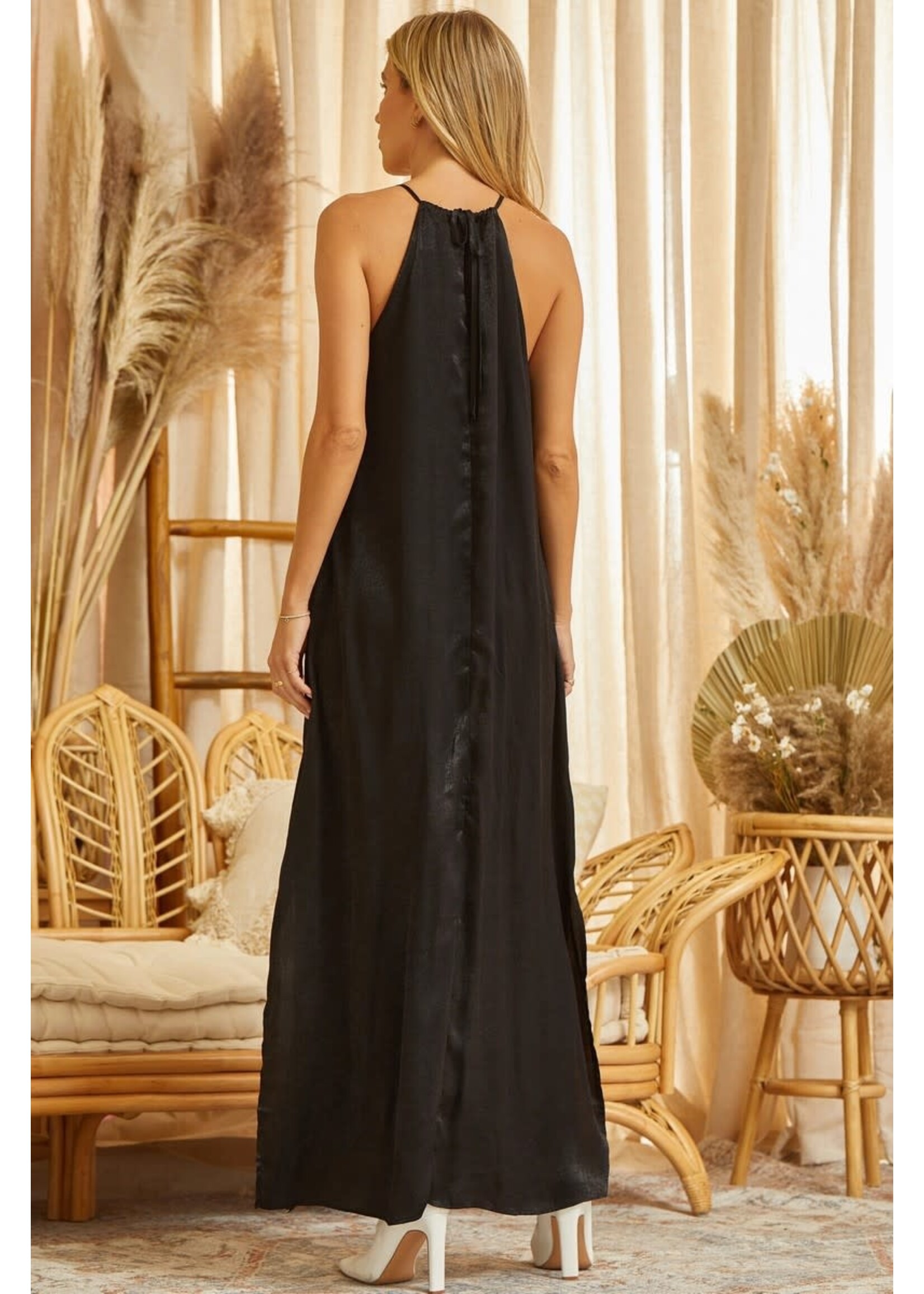Gold Design Spaghetti Strap Dress With Slits