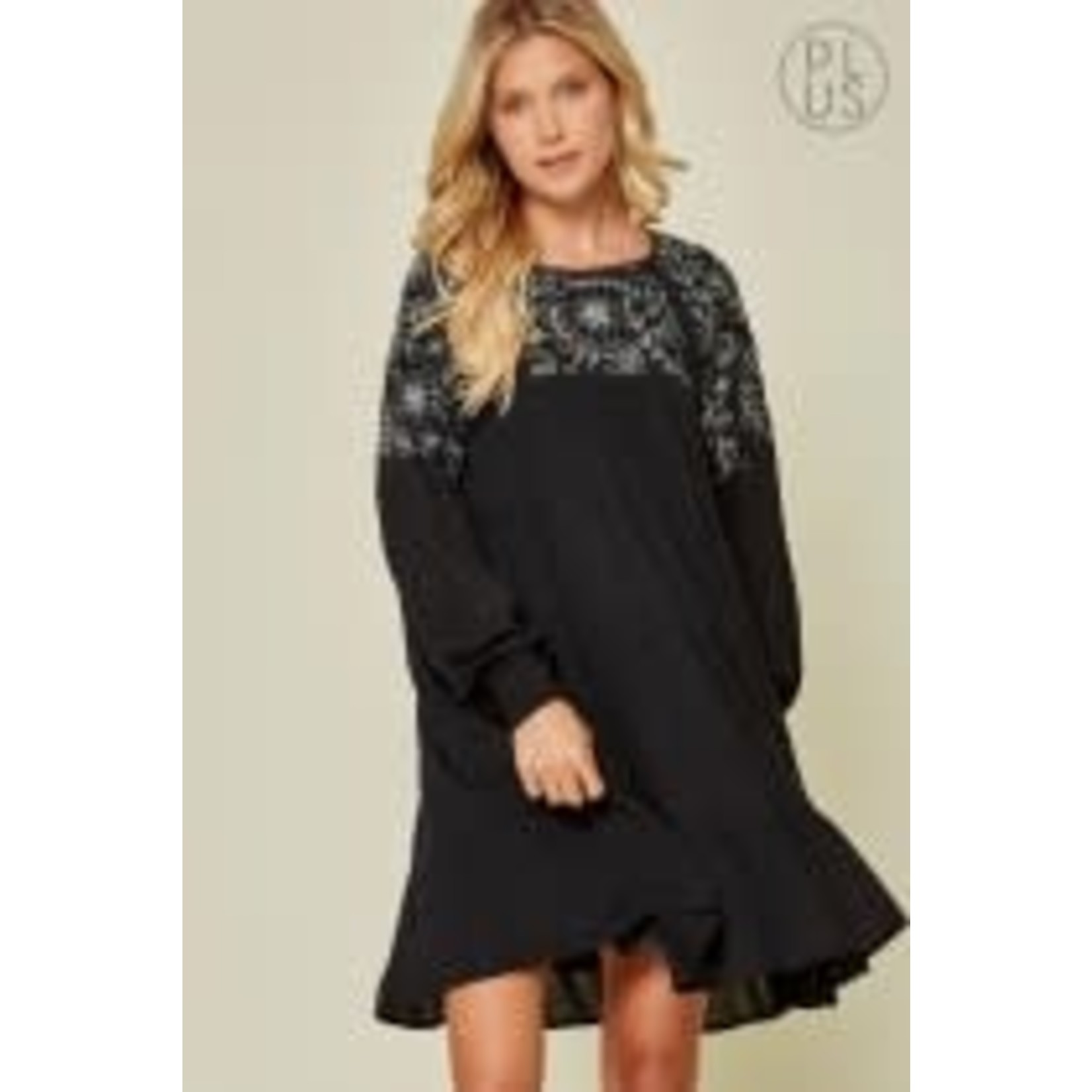 Black Long Sleeve Embroidered A-Line Dress