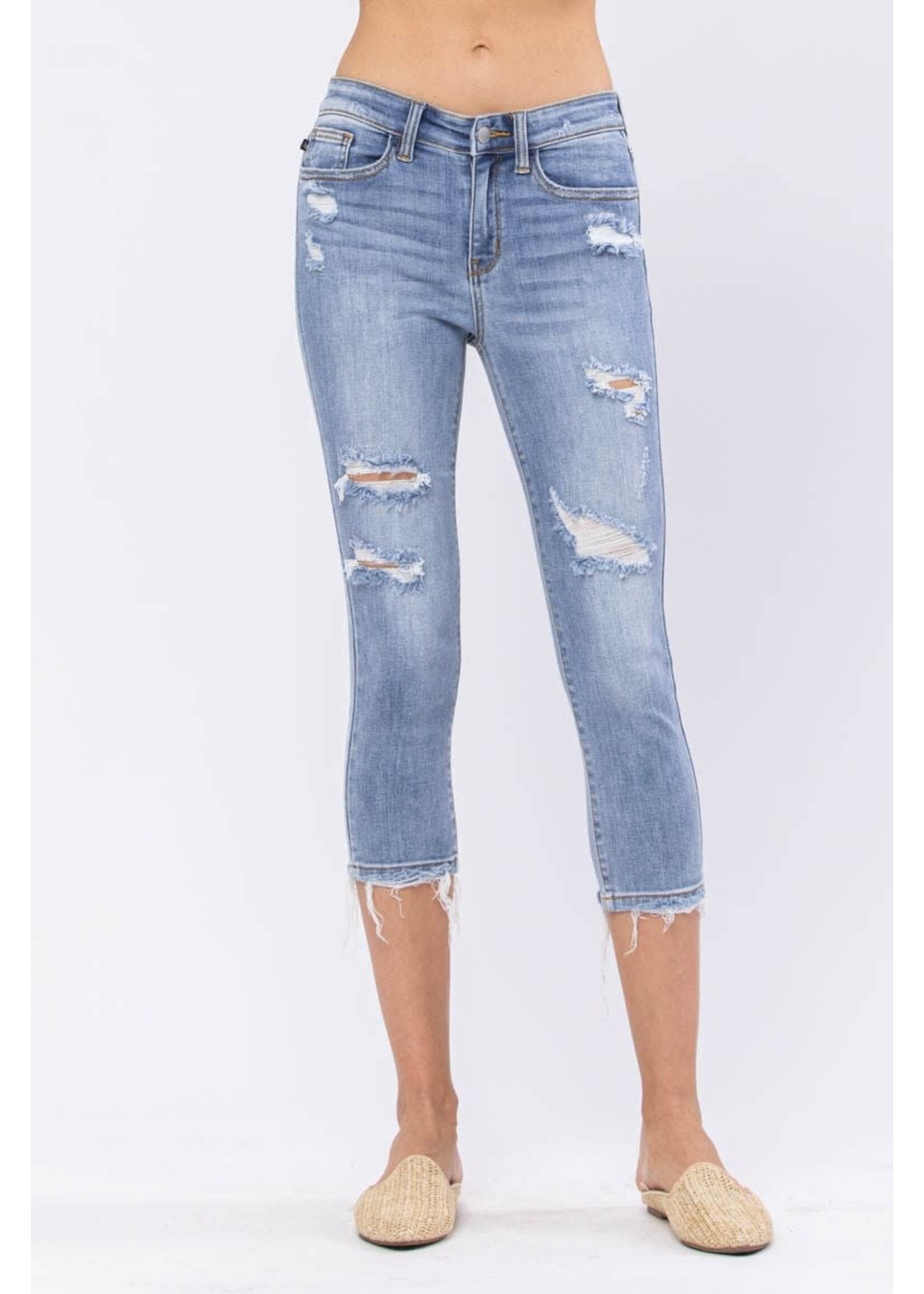 Light Wash Destroyed Jean Capris