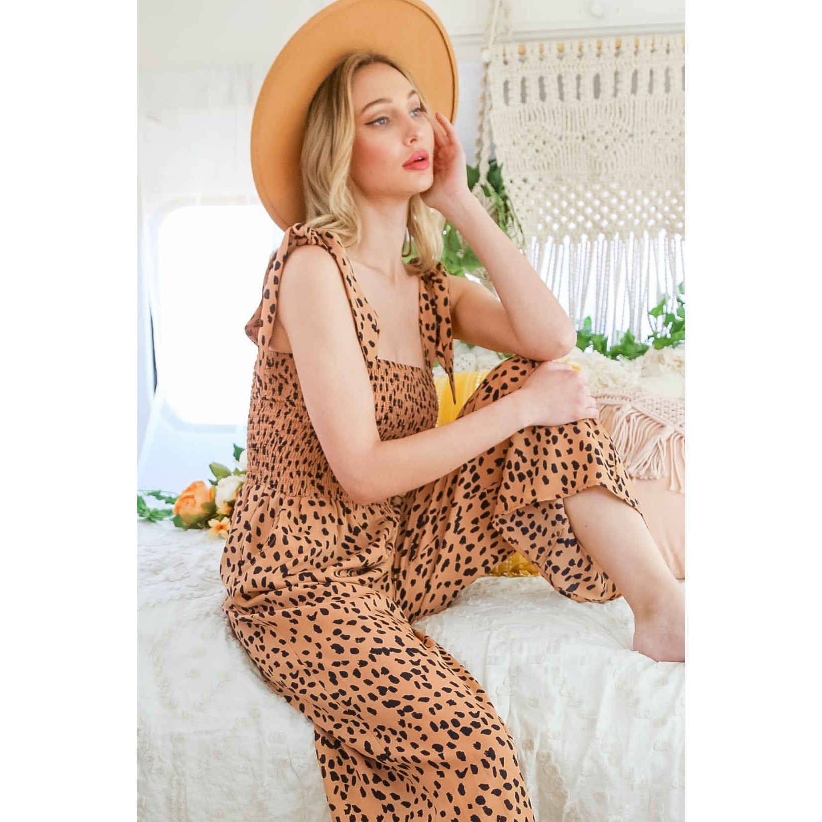 Tie Shoulder Animal Print Jumpsuit