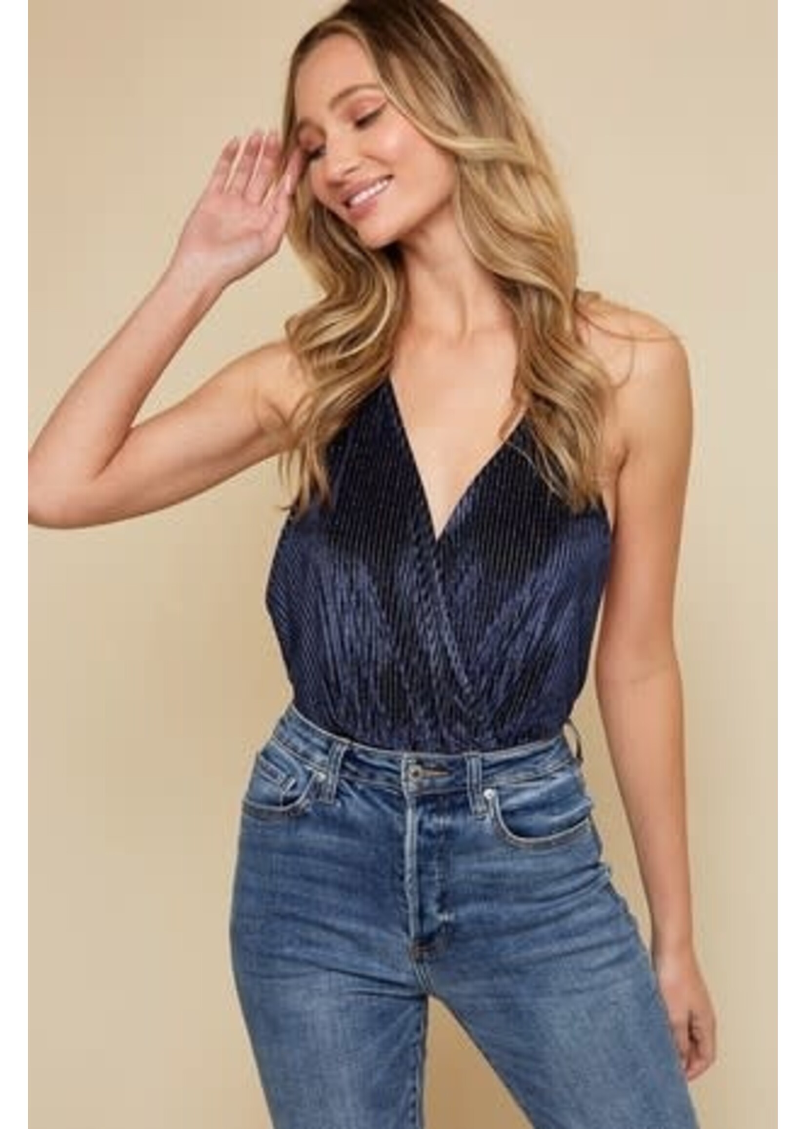 Stripped Velvet Bodysuit Navy
