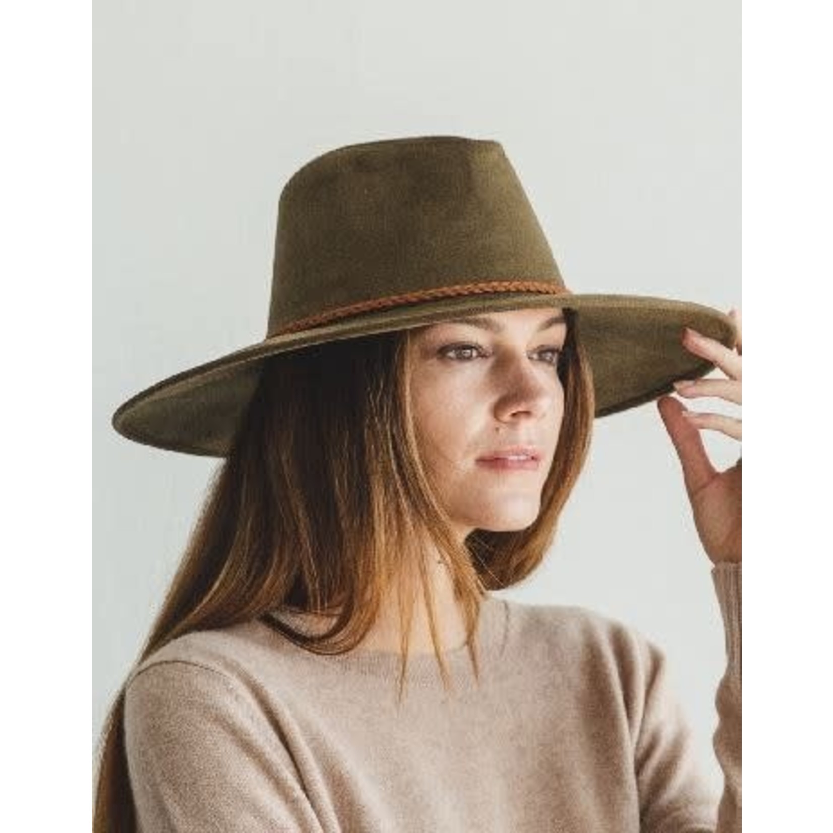 Faux Suede Wide Brim Panama Hat Olive