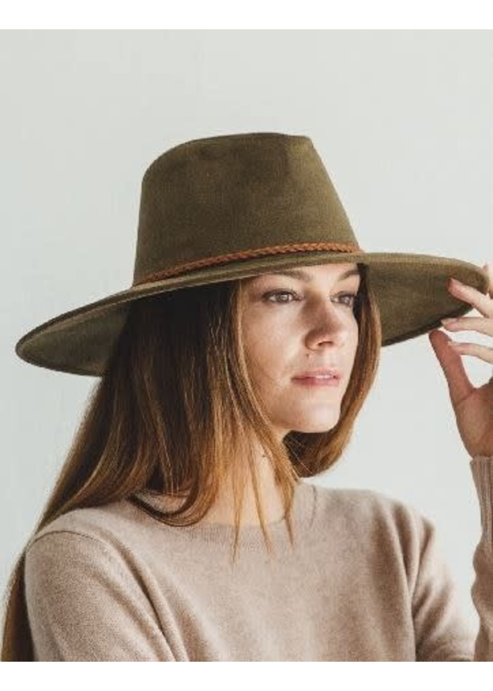 Faux Suede Wide Brim Panama Hat Olive