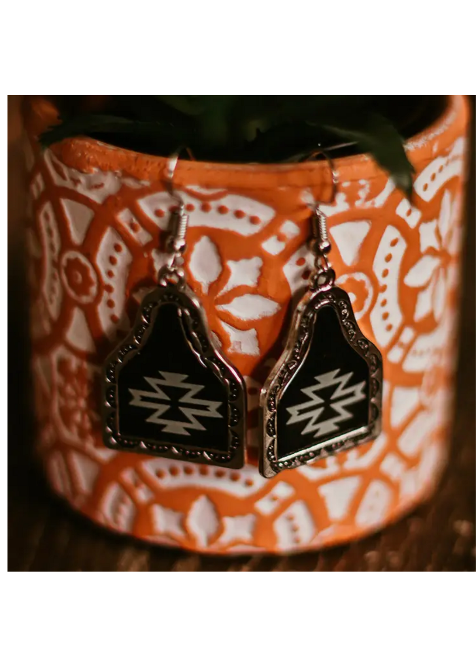 Black Aztec Ear Tag Earrings