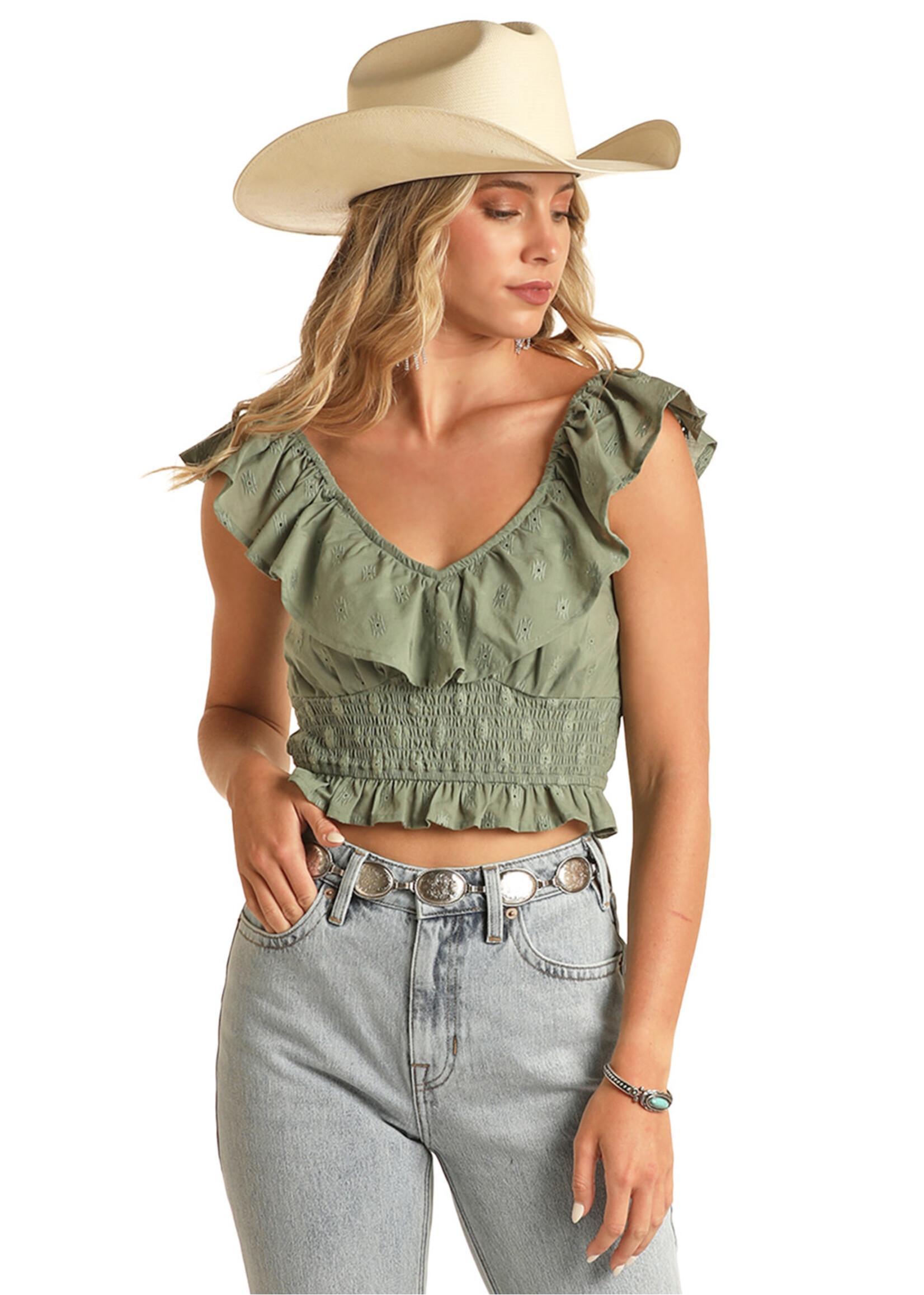 Aztec Eyelet Ruffle Tank Top
