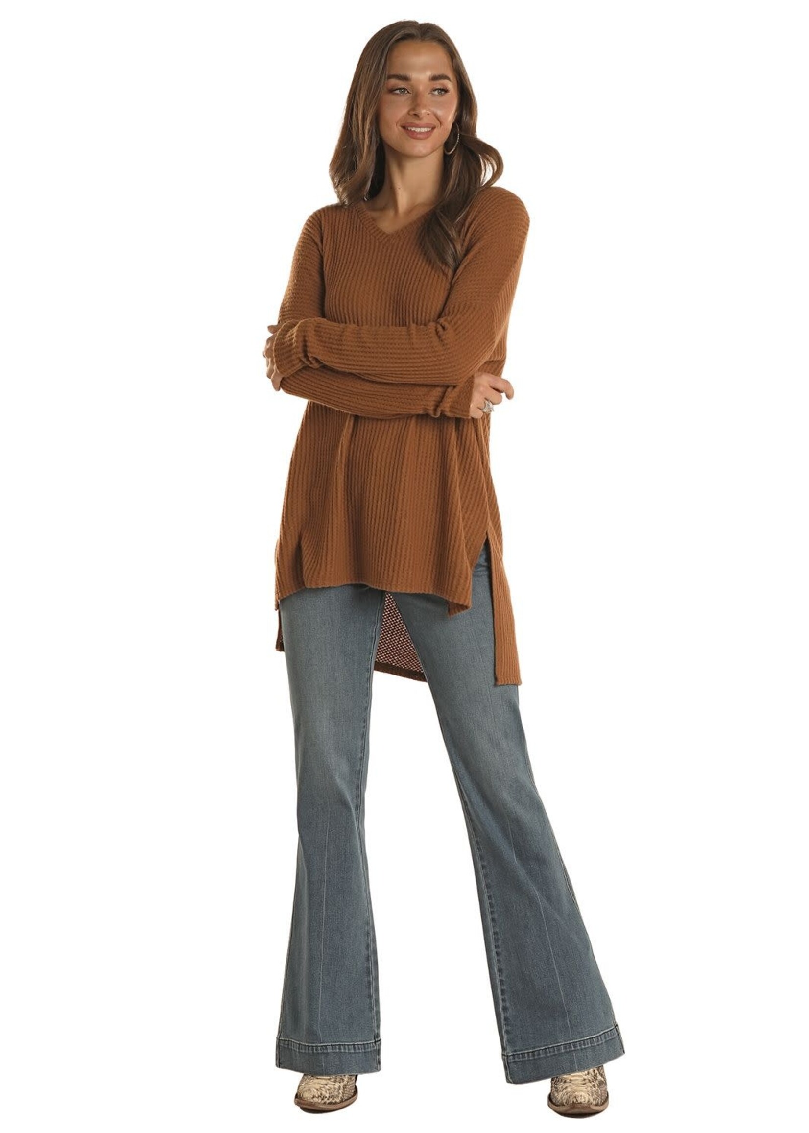 Long Sleeve Waffle V-Neck Top