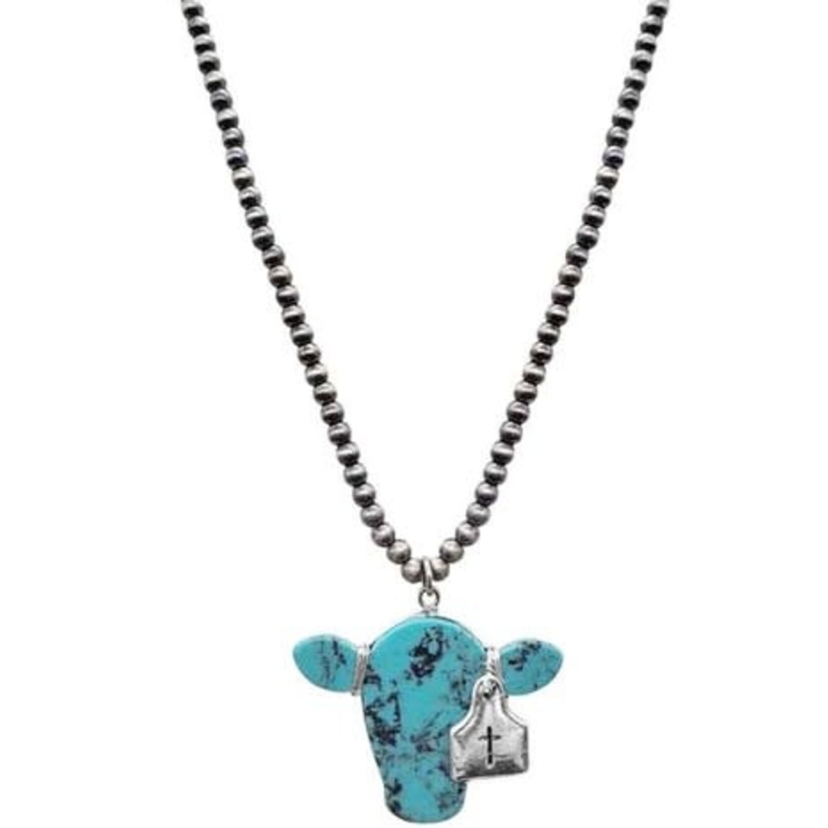Wired Cow Shape Gemstone Pendant Cattle Tag Turquoise Necklace