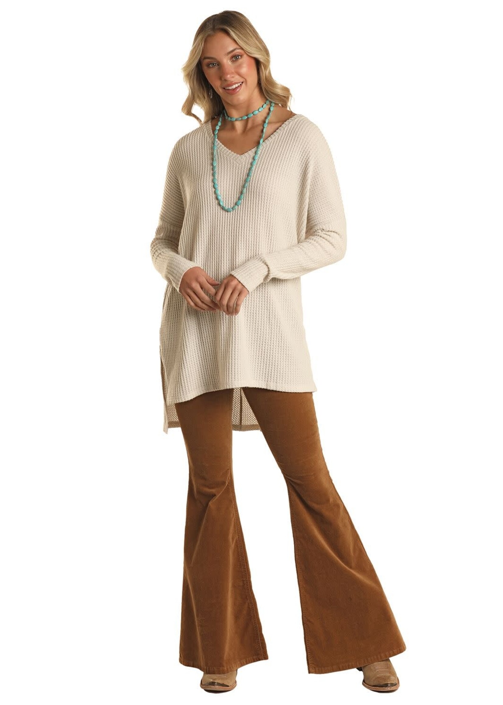 Long Sleeve Waffle V-Neck Top