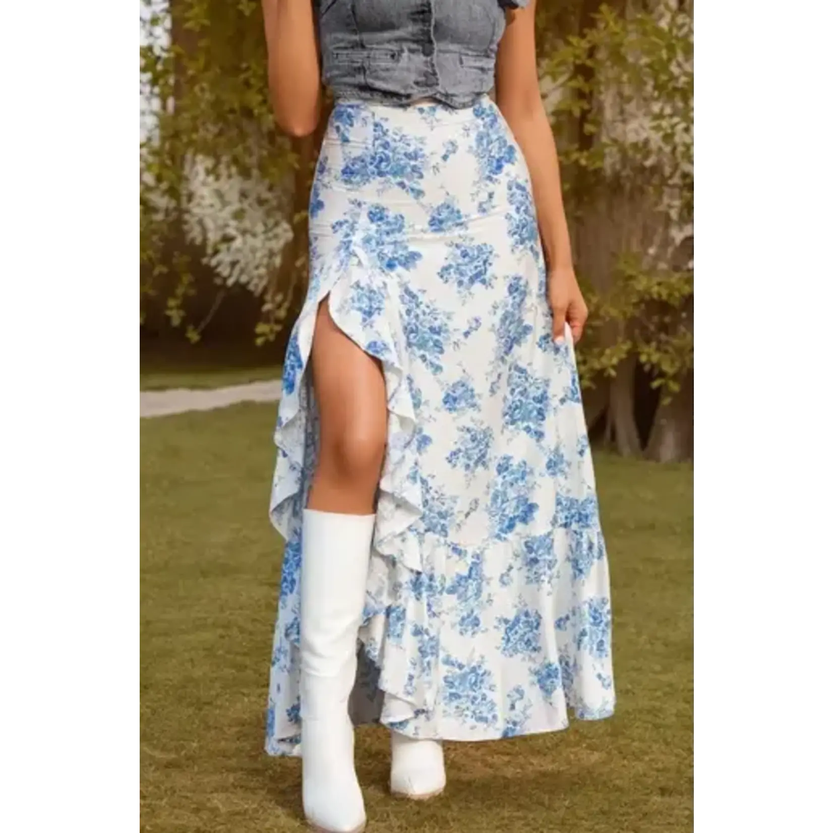 Boho Floral High Waist Ruffle Split Maxi Skirt