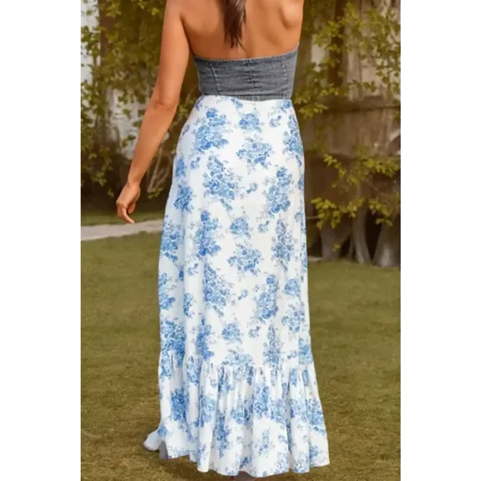 Boho Floral High Waist Ruffle Split Maxi Skirt