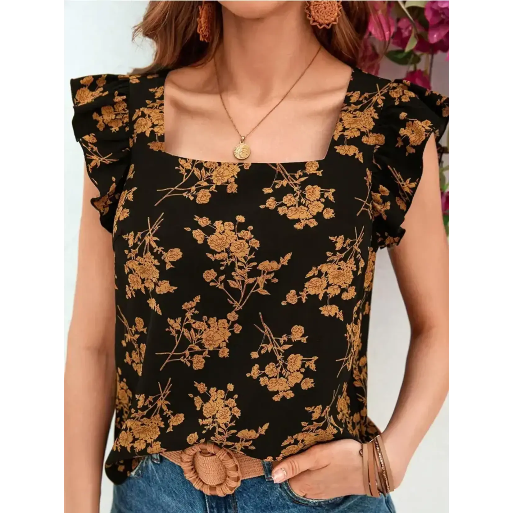 Printed Ruffled Short Sleeved Shirt