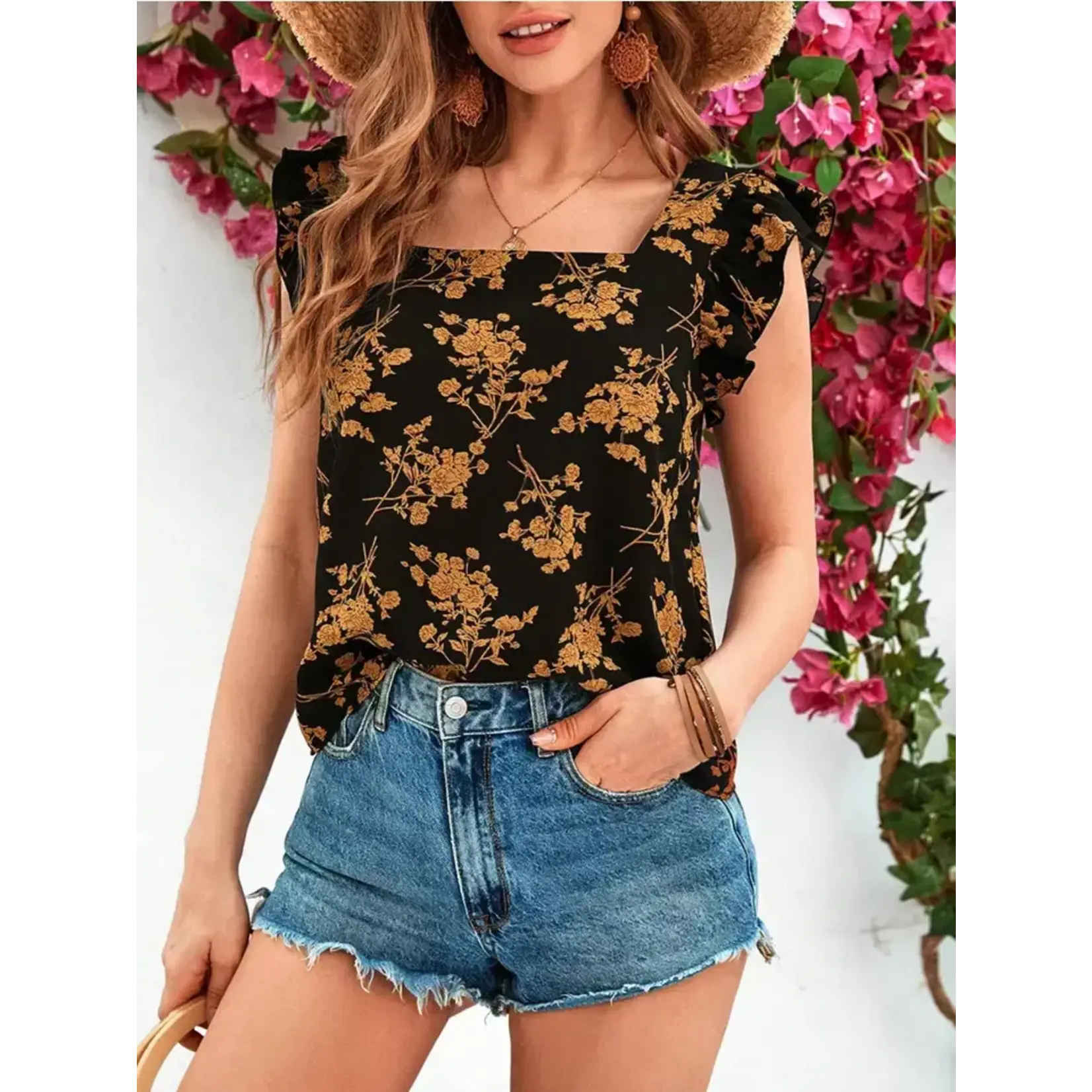 Printed Ruffled Short Sleeved Shirt
