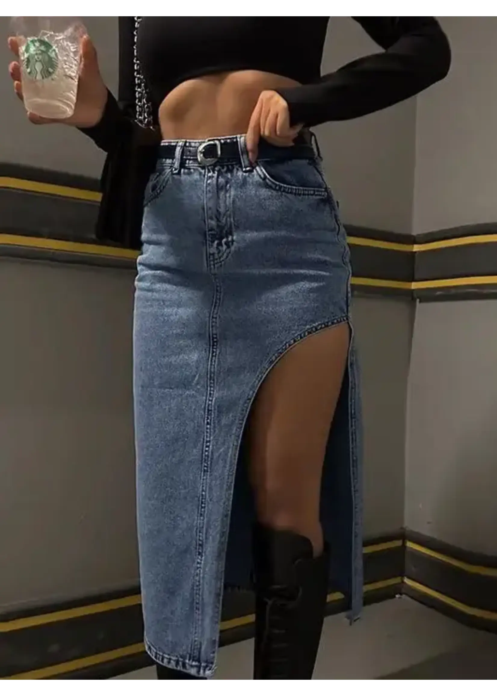Thigh Slit Denim Skirt