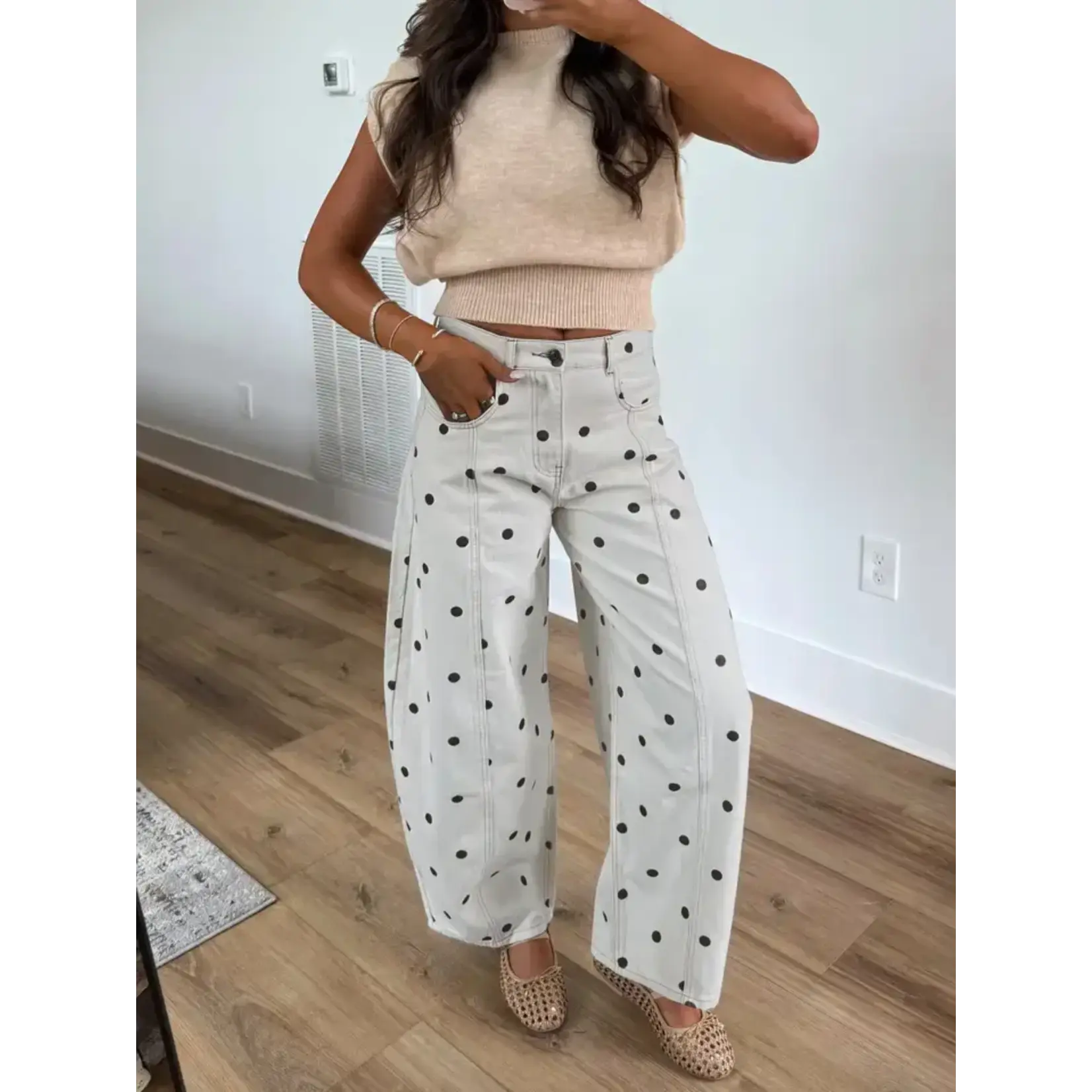 Retro Chestnut Polka Dot Loose Straight Pants