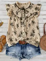 Rustic Boho Ruffles Detailed Ditsy Floral Tie Neck Top