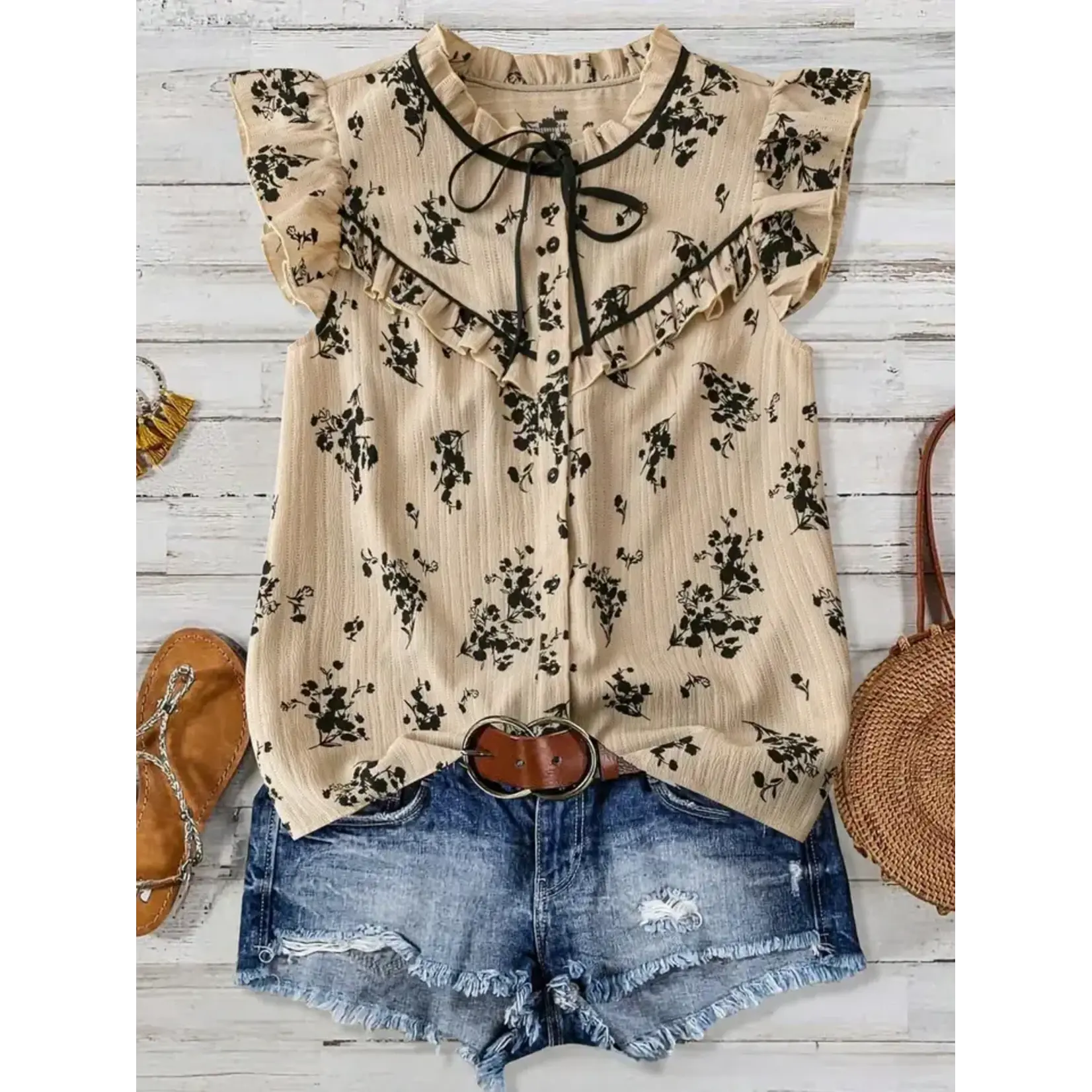 Rustic Boho Ruffles Detailed Ditsy Floral Tie Neck Top