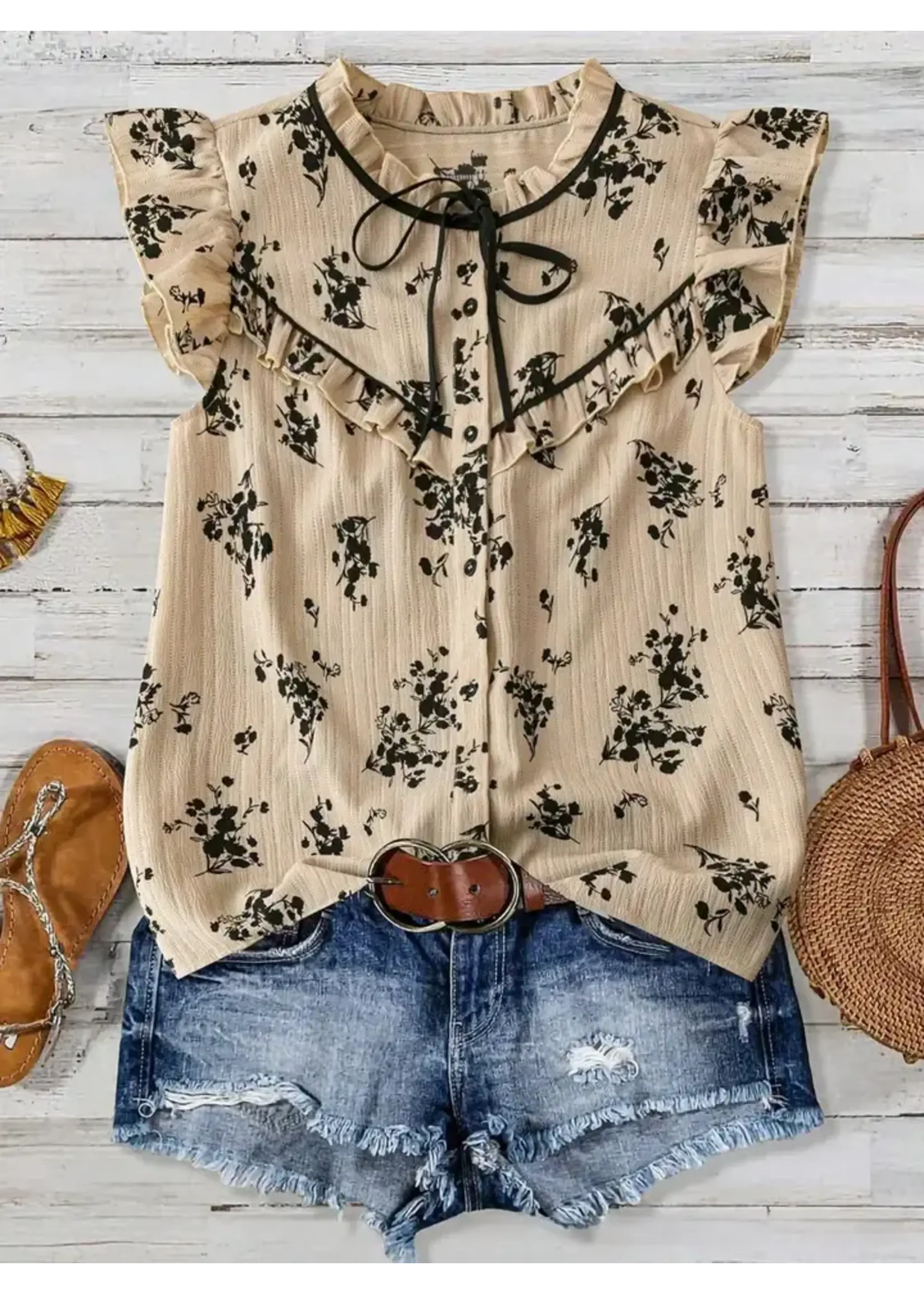 Rustic Boho Ruffles Detailed Ditsy Floral Tie Neck Top
