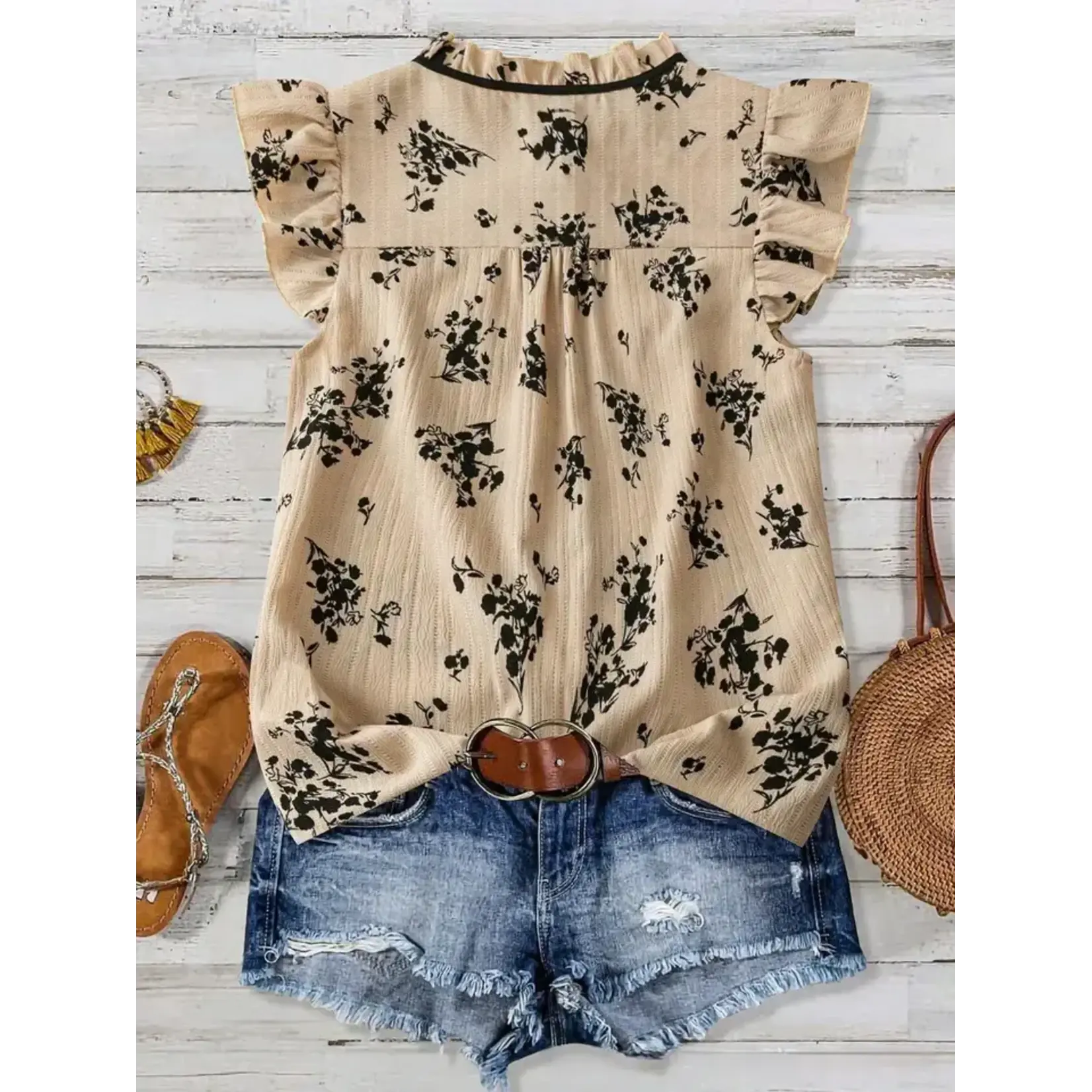 Rustic Boho Ruffles Detailed Ditsy Floral Tie Neck Top