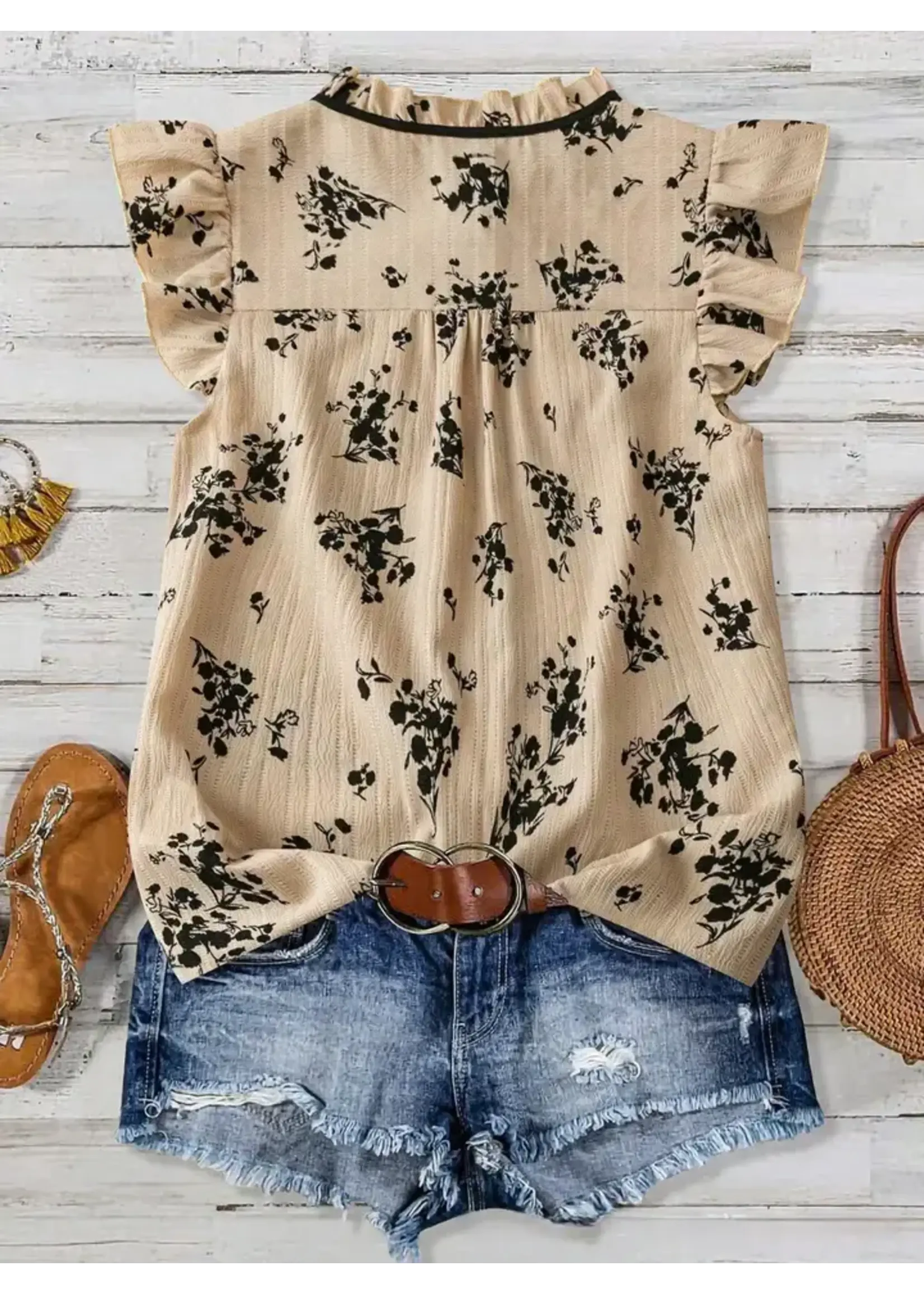 Rustic Boho Ruffles Detailed Ditsy Floral Tie Neck Top
