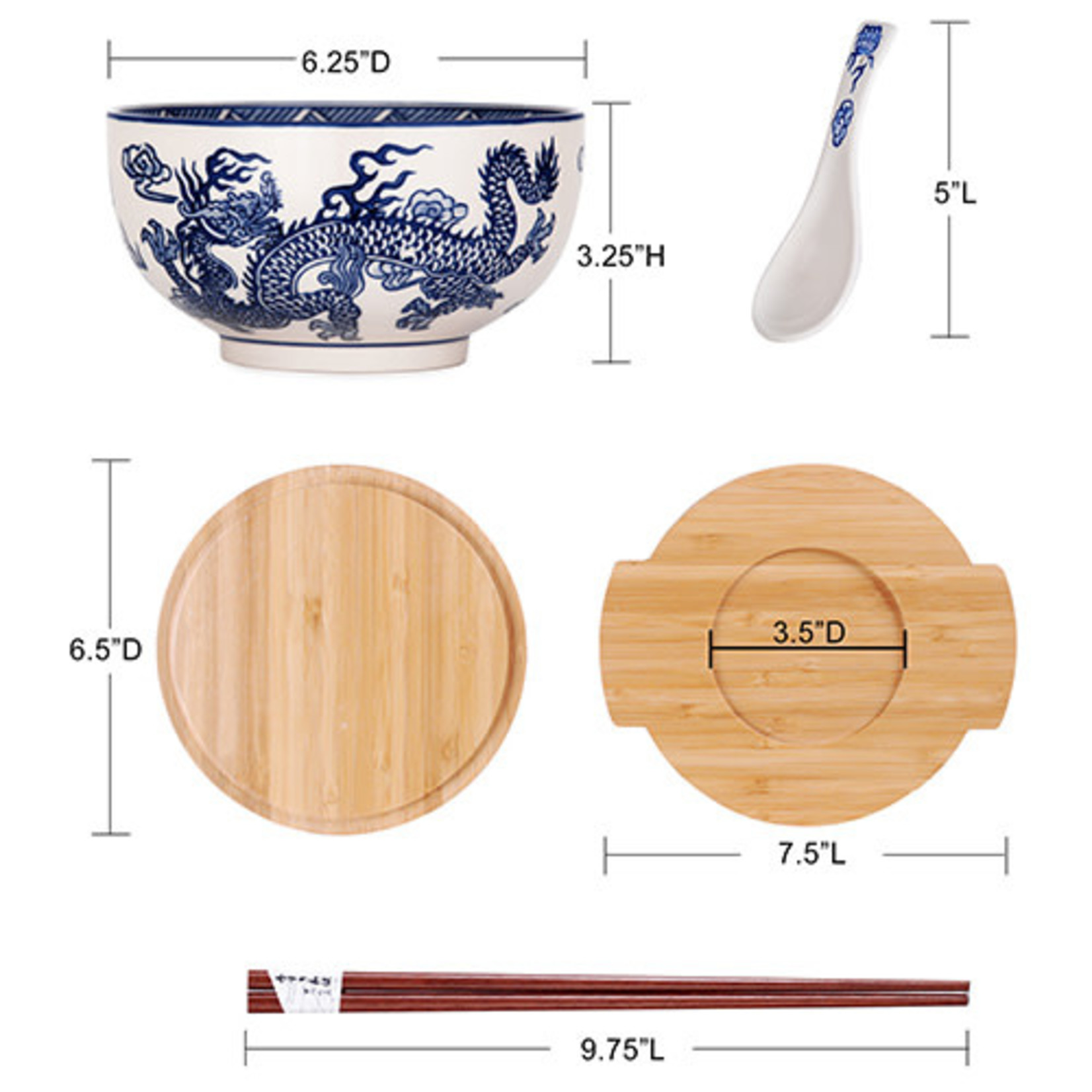 Bowl w/Wooden Lid & Trivet Set - Wht w/Blue Dragon - SFK1-5092