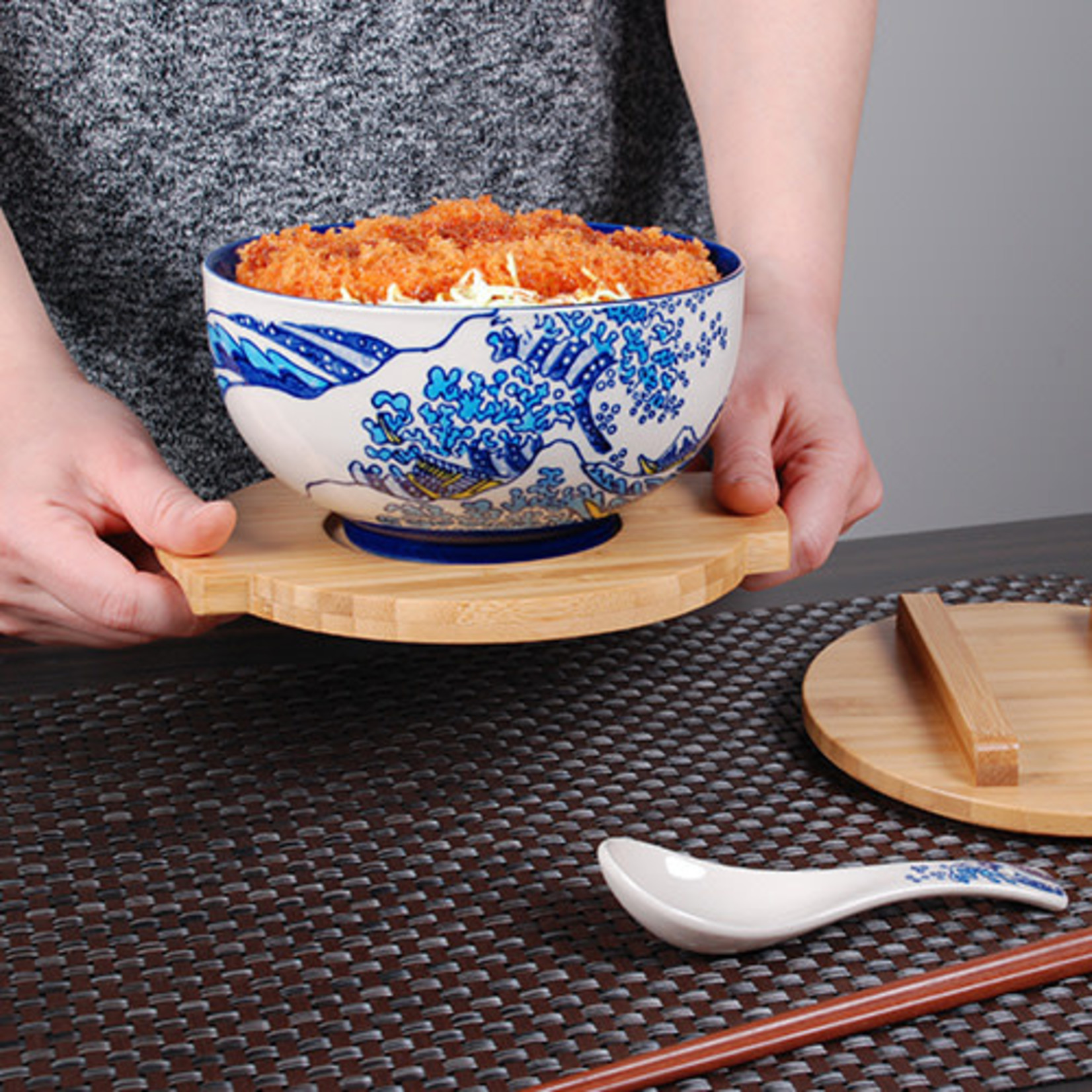 Bowl w/Wooden Lid & Trivet Set - Hokusai - SFK1-6599