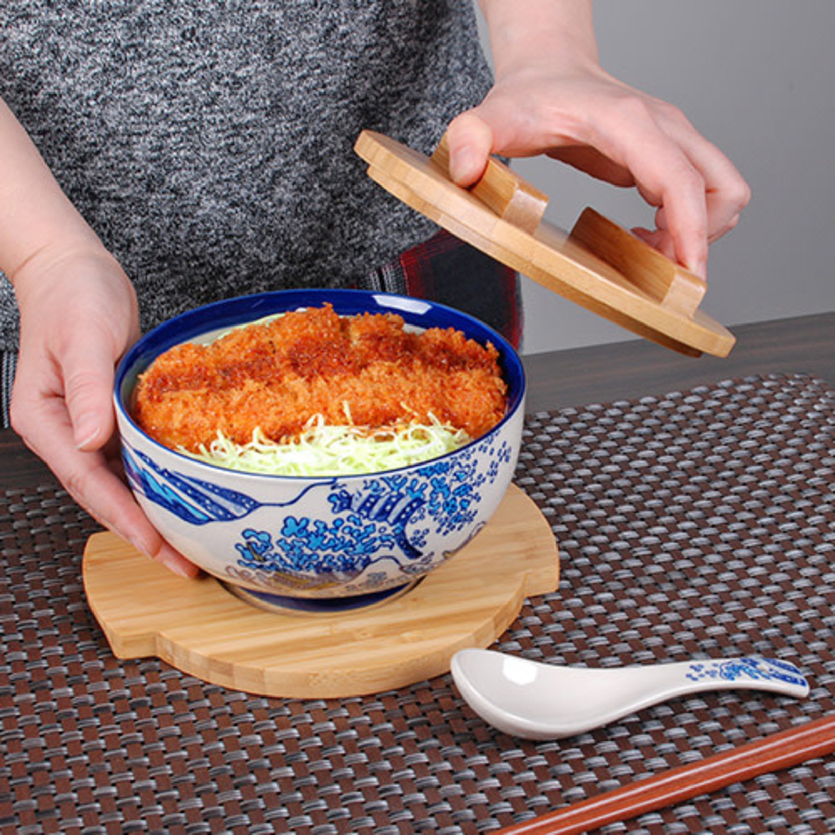 Bowl w/Wooden Lid & Trivet Set - Hokusai - SFK1-6599