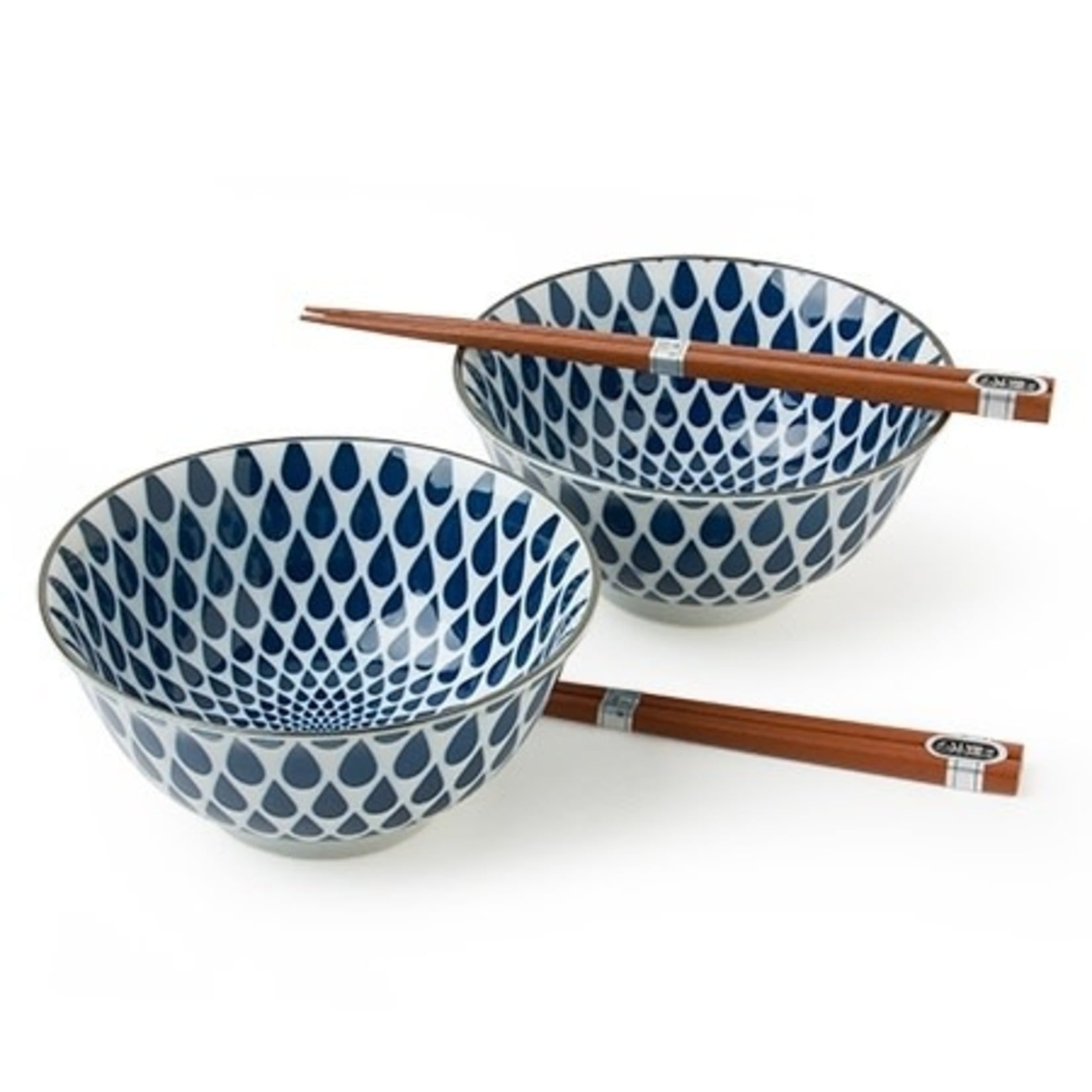 Blue & White Rain Bowl Set w/Chopsticks - J4134