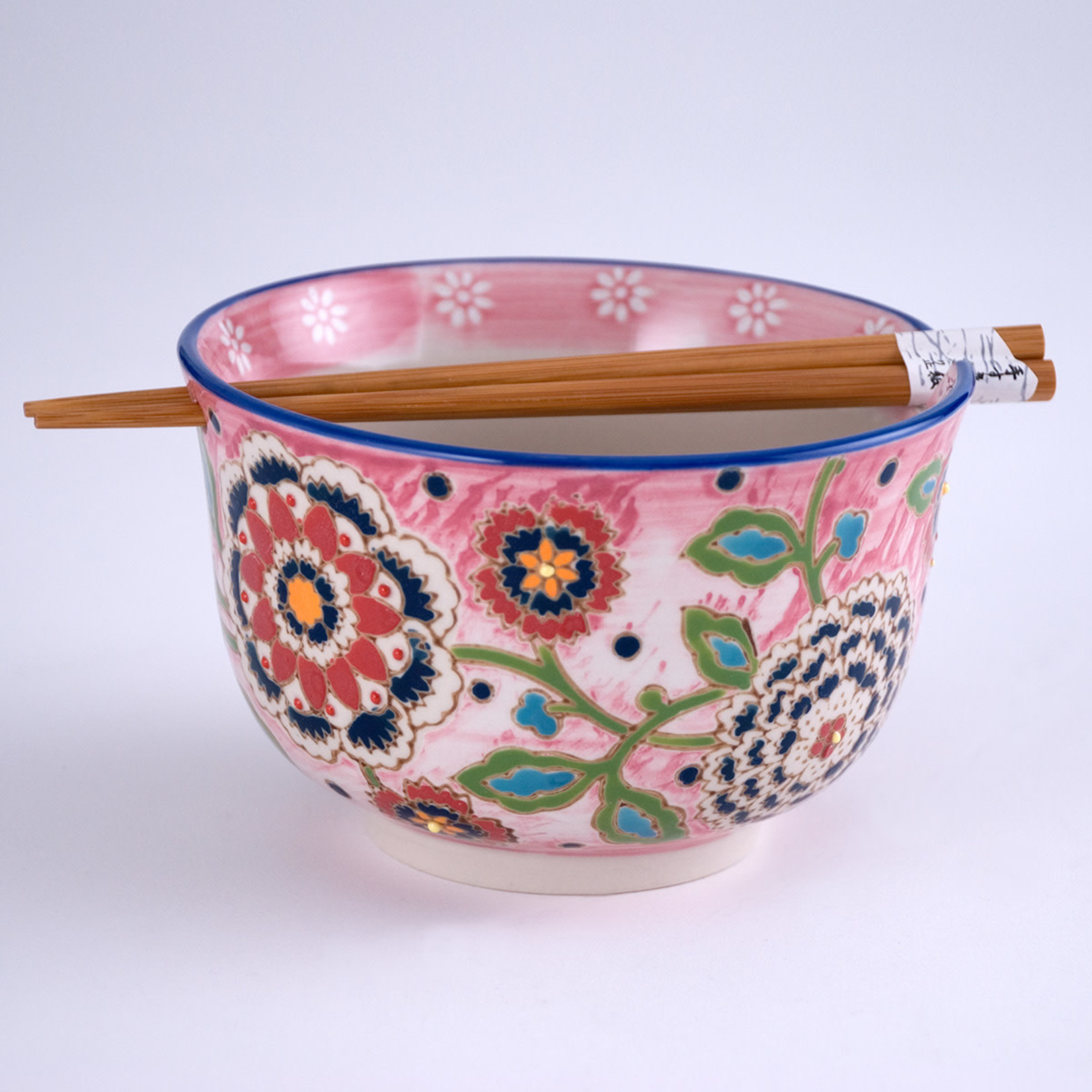Bowl - Pink W/Flowers W/Chopsticks - Sf625-5610 - Matcha Time Gift Shop