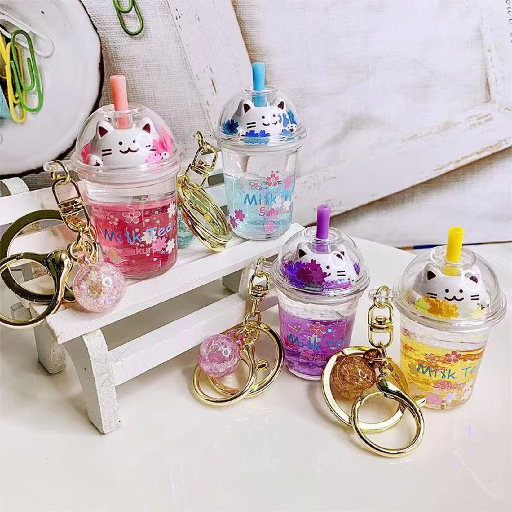 Kitty Boba Milk Floaty Charm Keyring - 12078