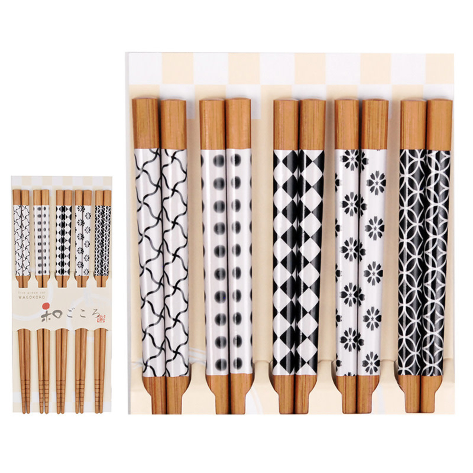 Chopsticks Set 5 Pairs Blk/Wht Patterns - 531203